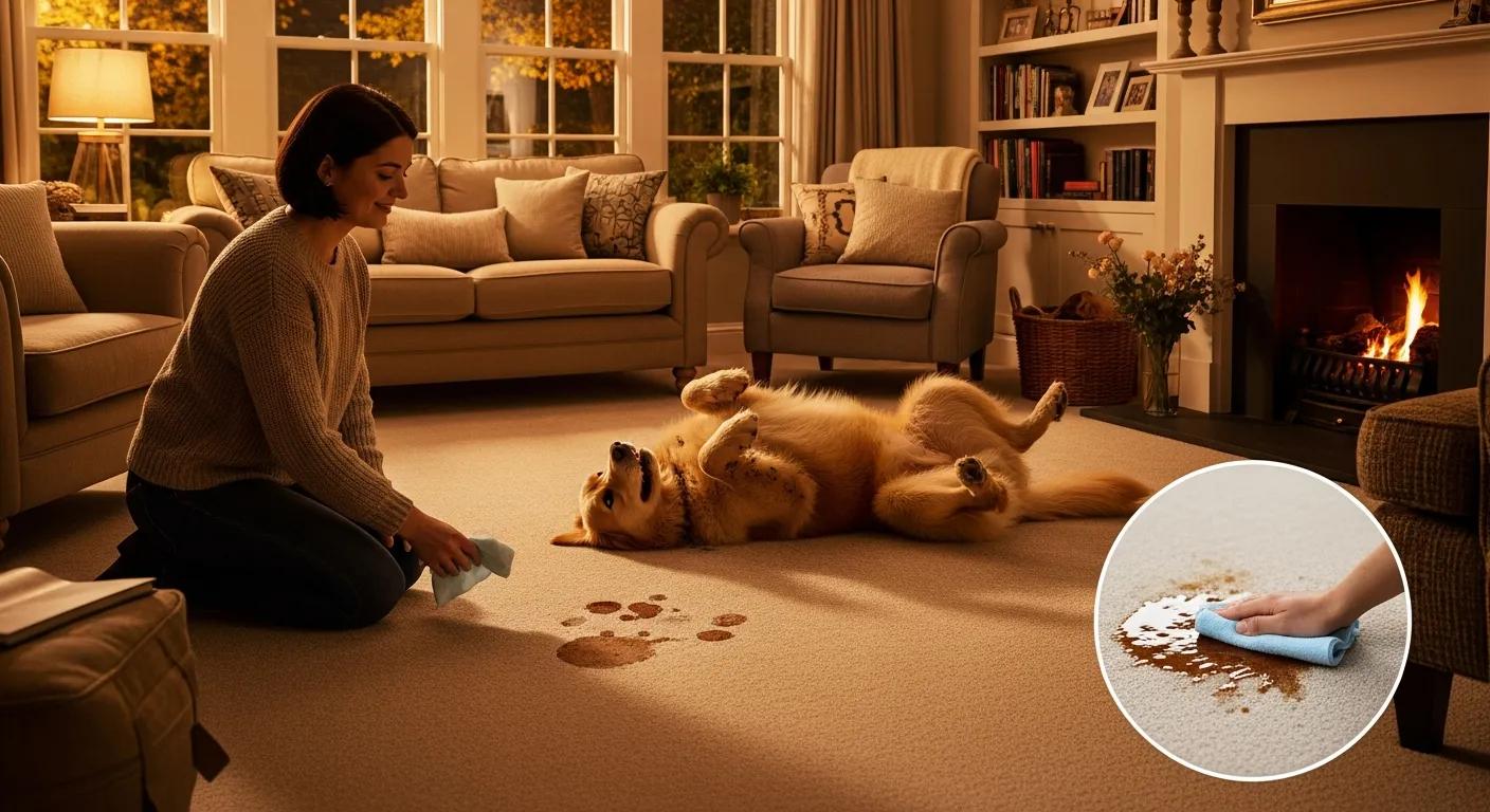 Woman cleaning stain from carpet while golden retriever plays in a cozy living room, highlighting pet-friendly and stain-resistant carpet options for high-traffic areas.