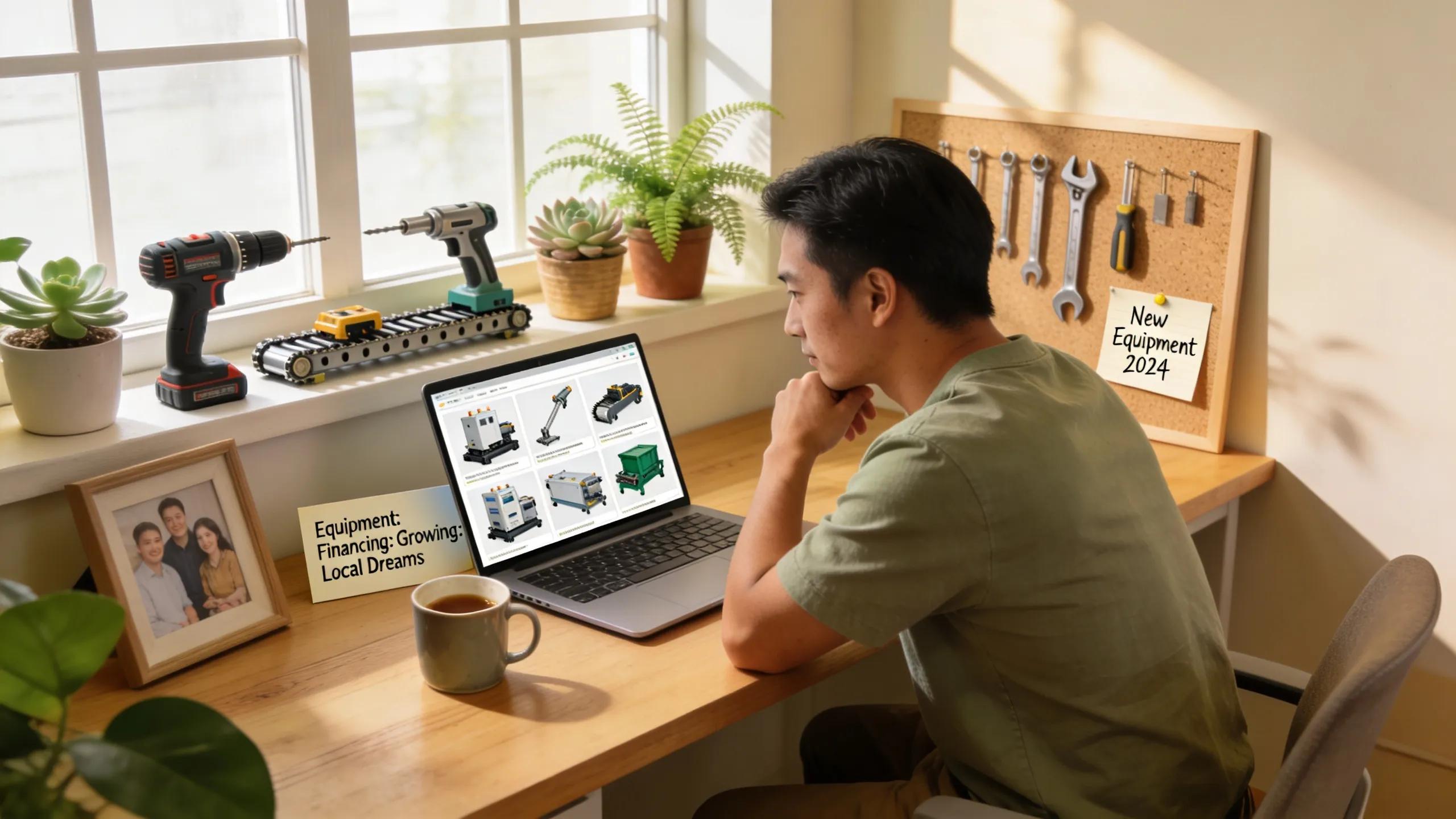 Small business owner reviewing equipment financing options in a warm Sterling, VA office