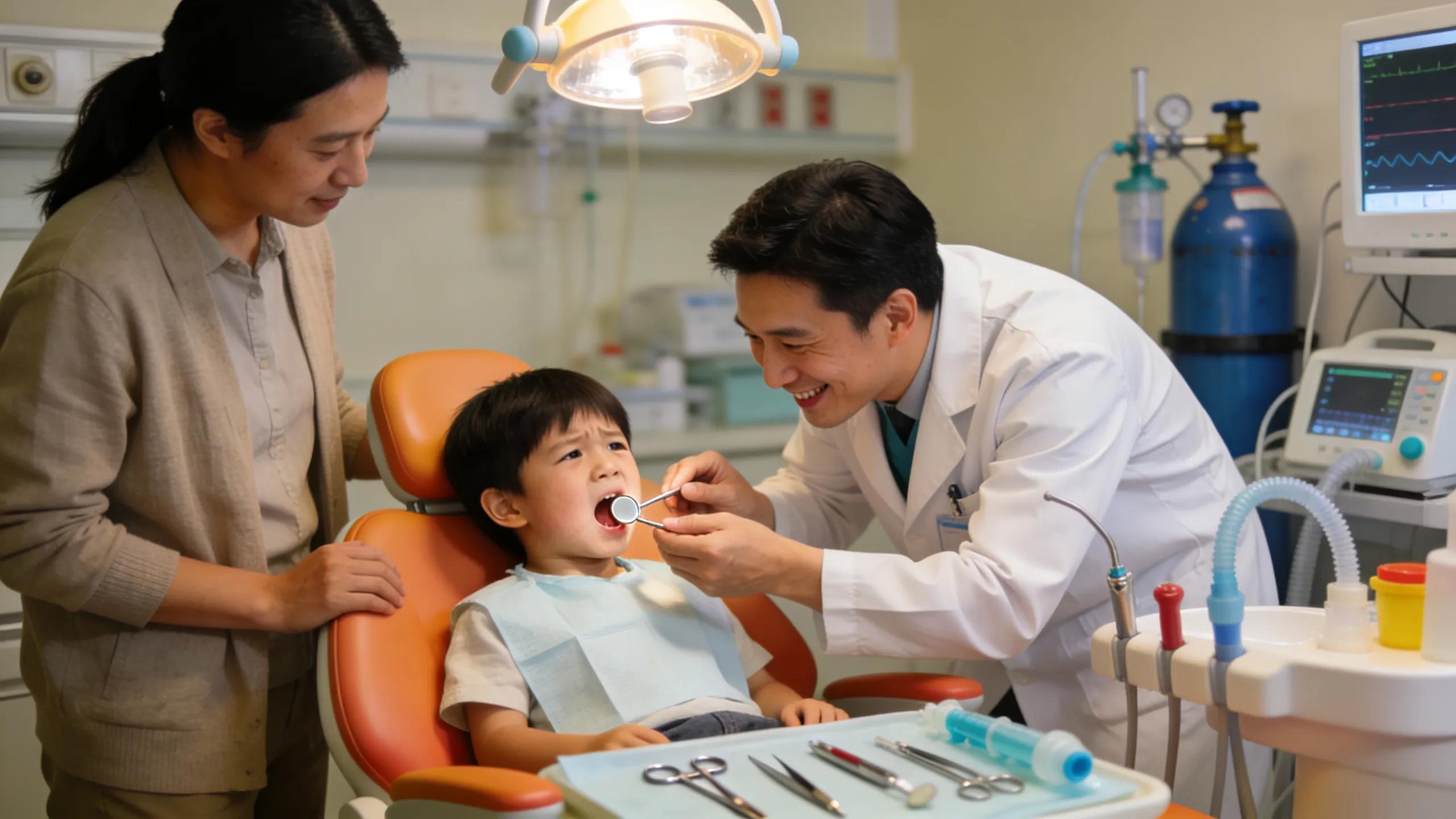Parent and child in pediatric dental emergency room with dentist examining child