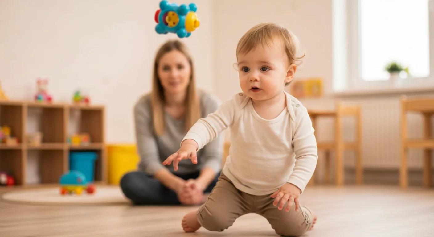 Create a realistic, high-resolution photo showing a toddler (age 2–4) mid-action tossing or dropping a toy on the floor. The child should look curious—not naughty or upset—to highlight exploration, not misbehavior. The environment should be a warm, well-lit childcare or home setting with soft colors and natural light. The parent or caregiver in the background should appear calm and observant, not frustrated, reinforcing the idea of understanding child behavior rather than punishment.