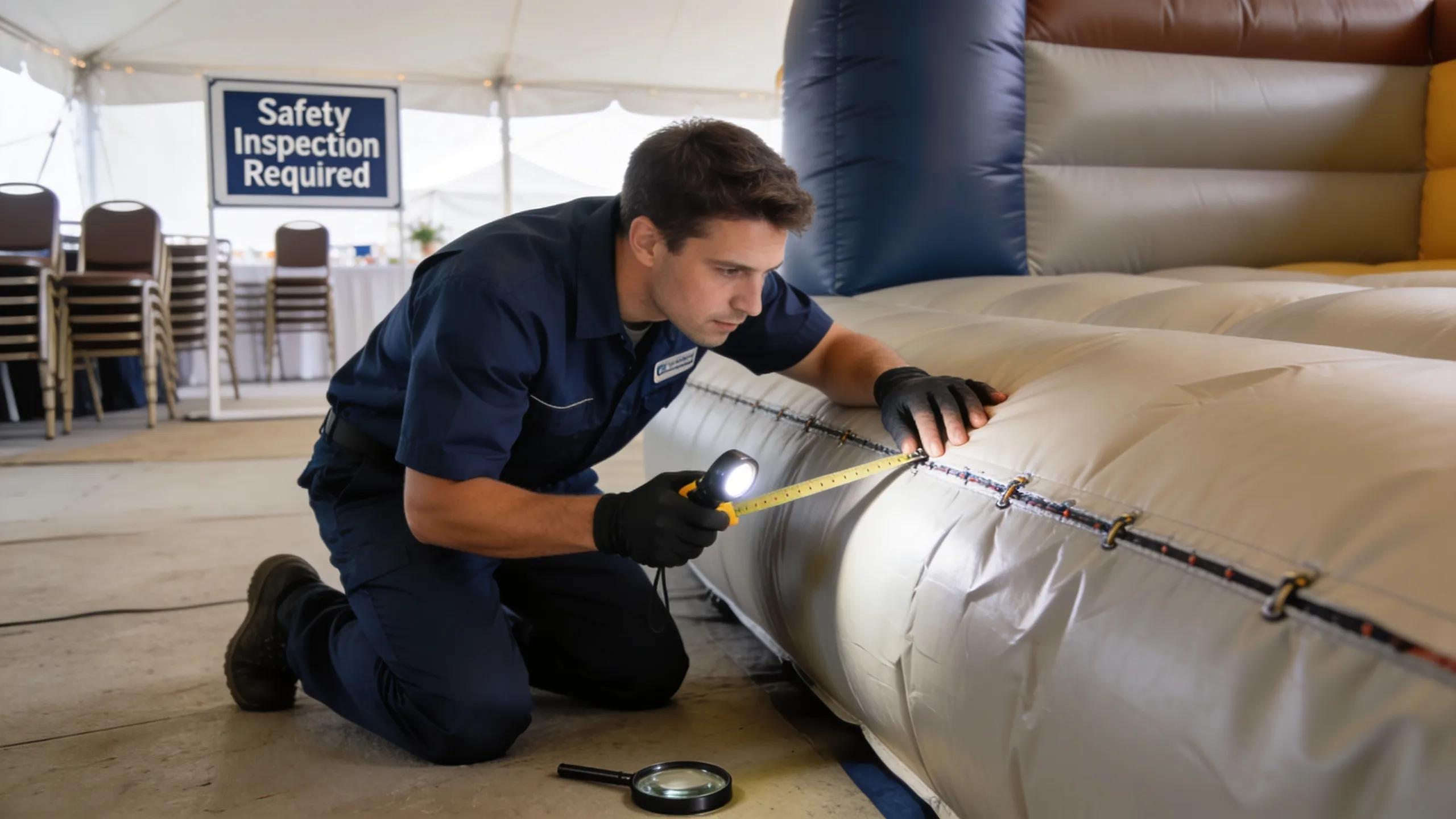 Operator inspecting an inflatable rental for safety, showcasing maintenance and inspection practices