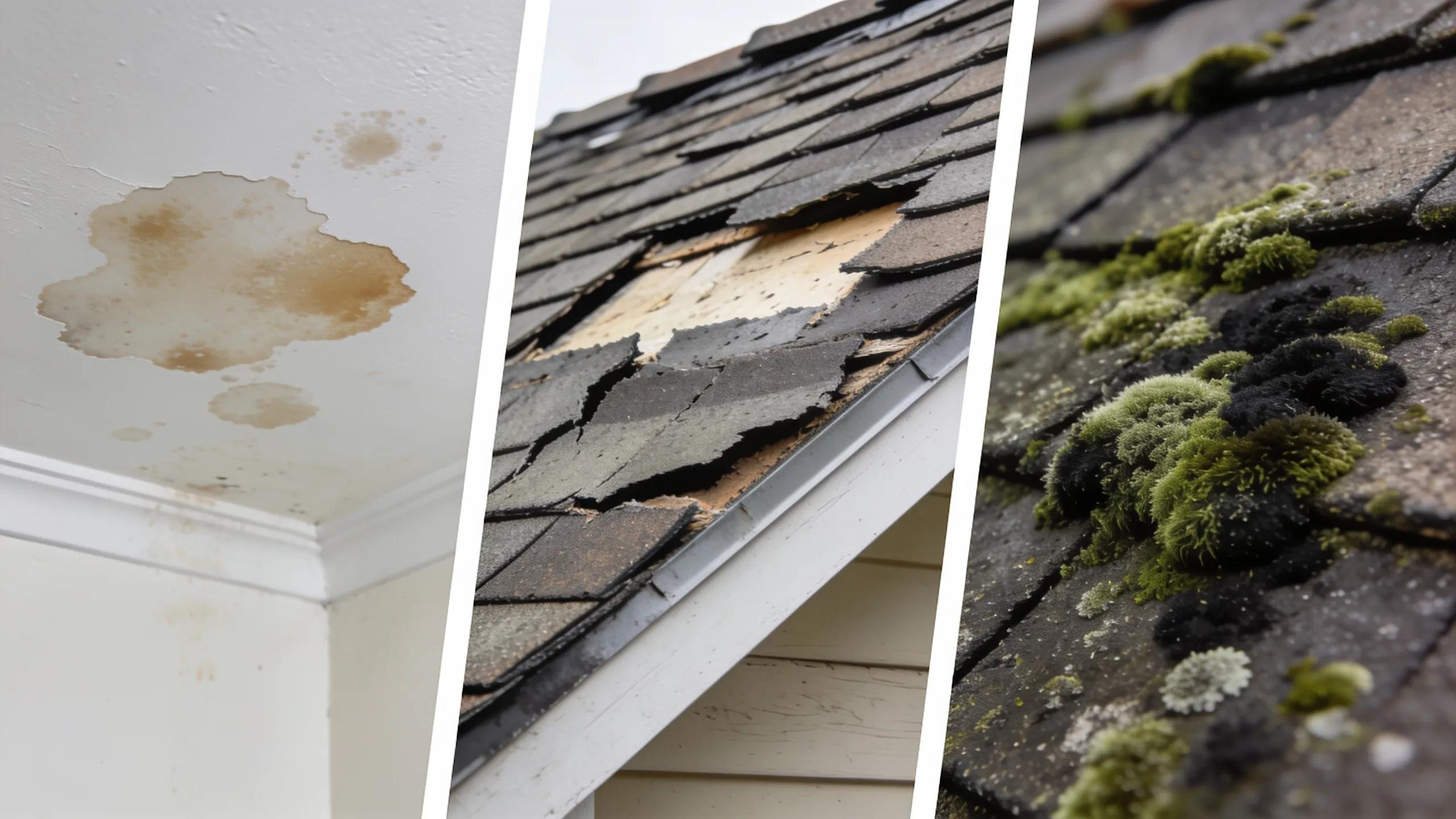 Examples of roof damage signs including stains, missing shingles, and mold