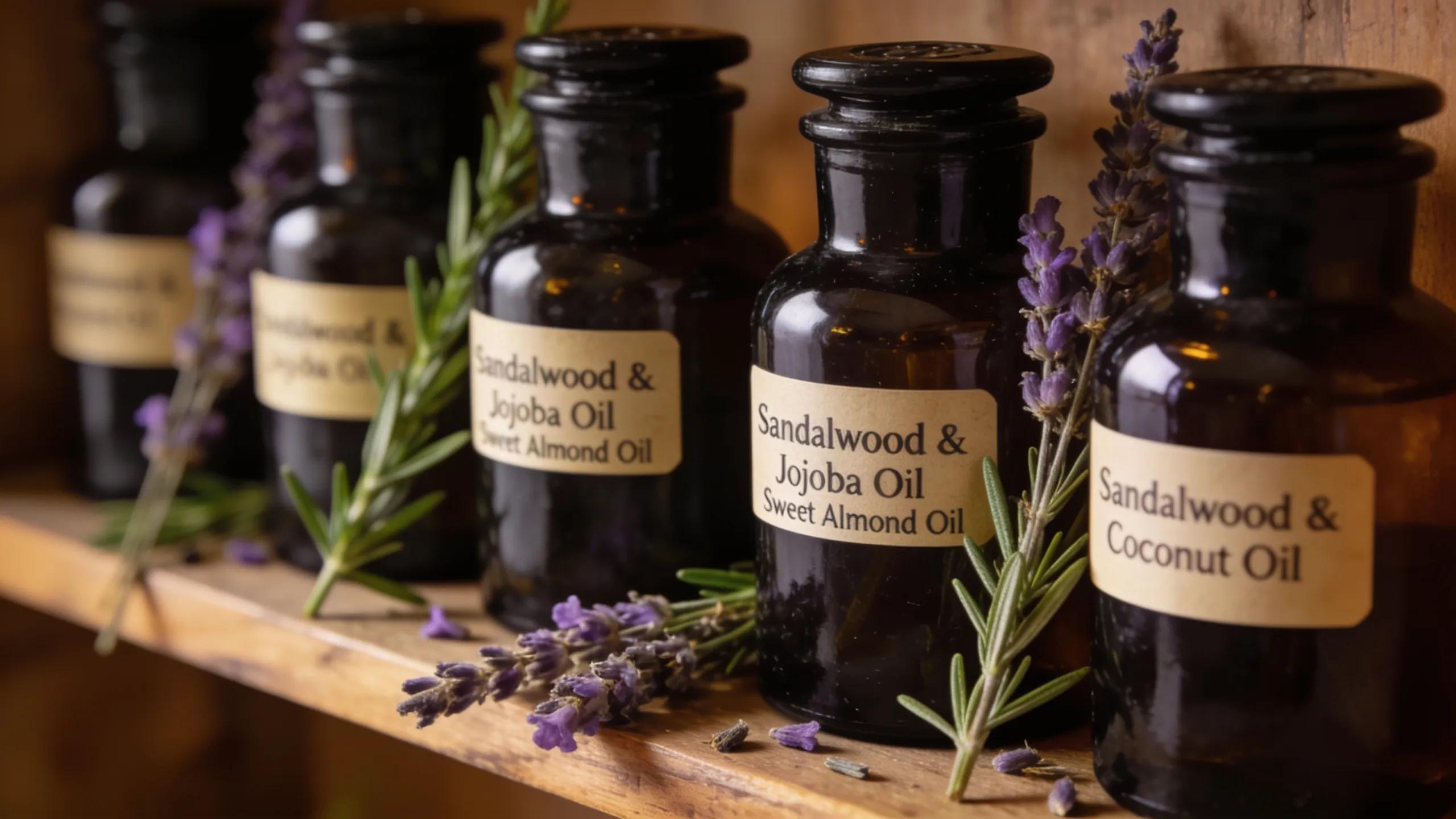 Dark glass bottles storing sandalwood and carrier oil blends for quality preservation
