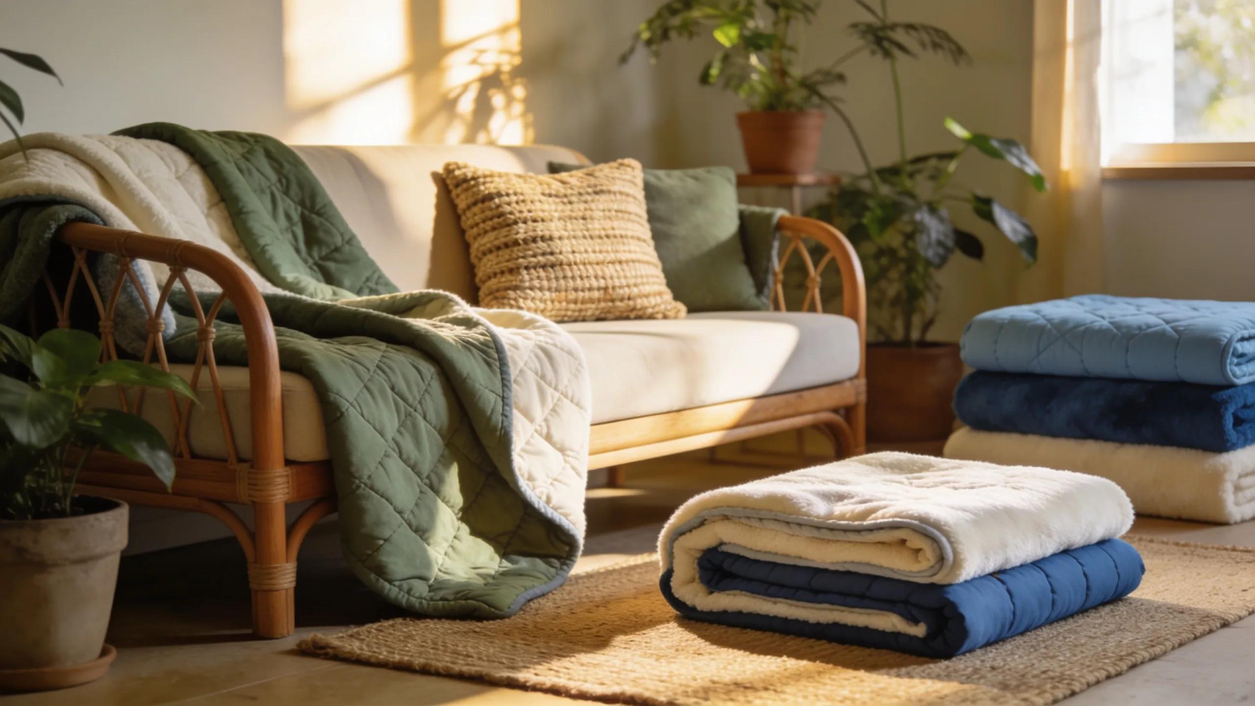 Display of eco-friendly weighted blankets made from organic materials, emphasizing sustainability