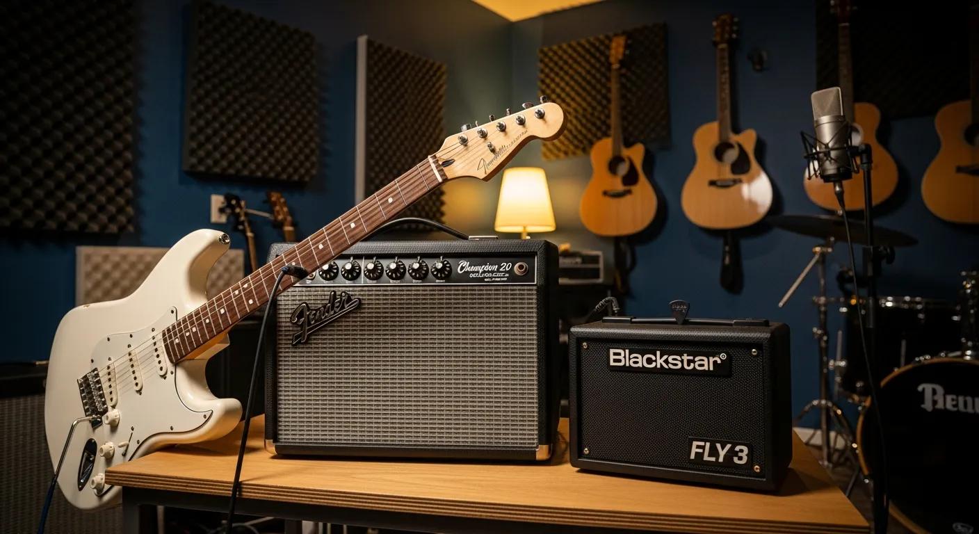 Fender Champion 20 and Blackstar Fly 3 amplifiers in a small studio with a guitar plugged in