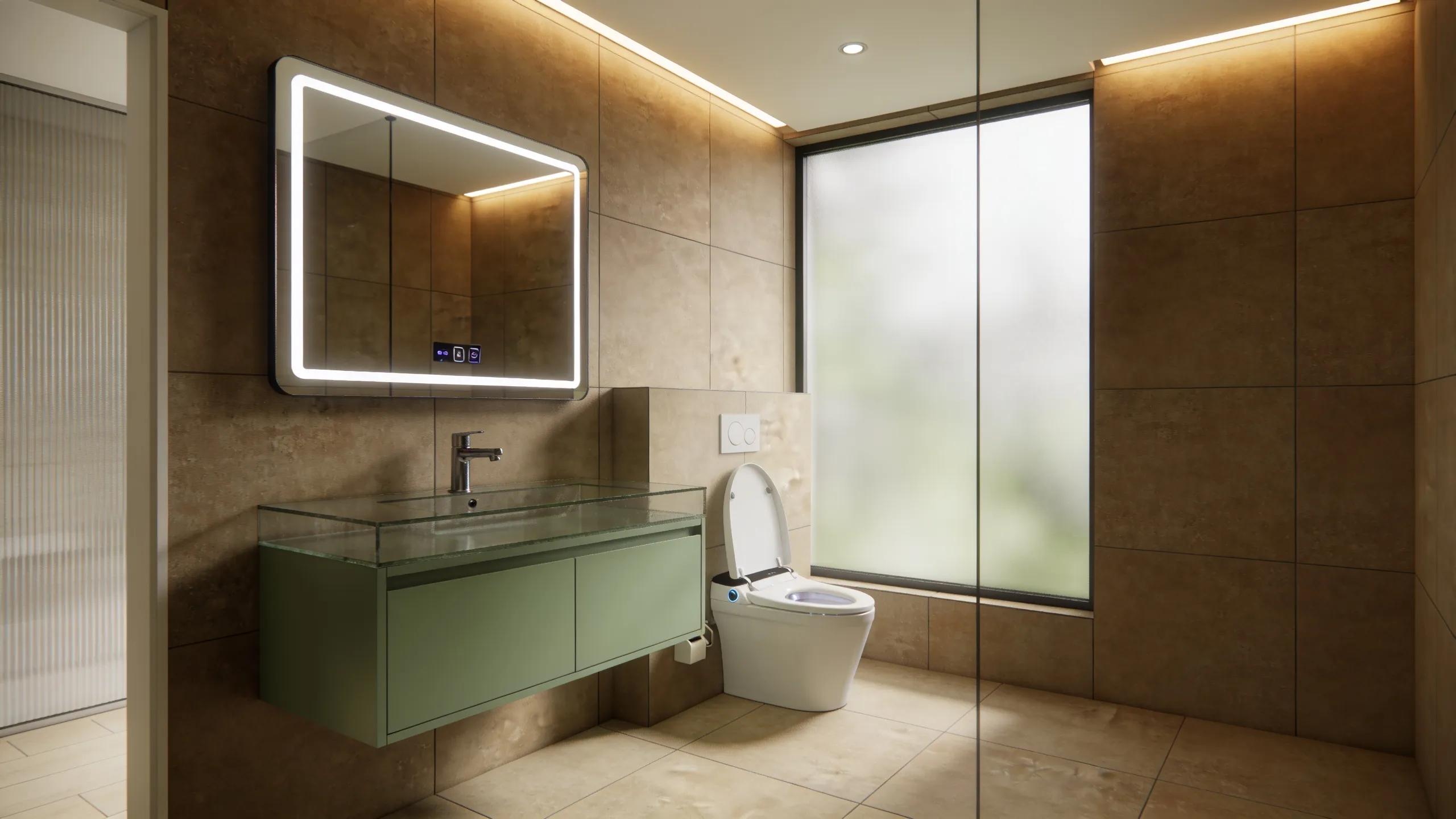 Stylish bathroom featuring eco-friendly materials and integrated smart-technology fixtures