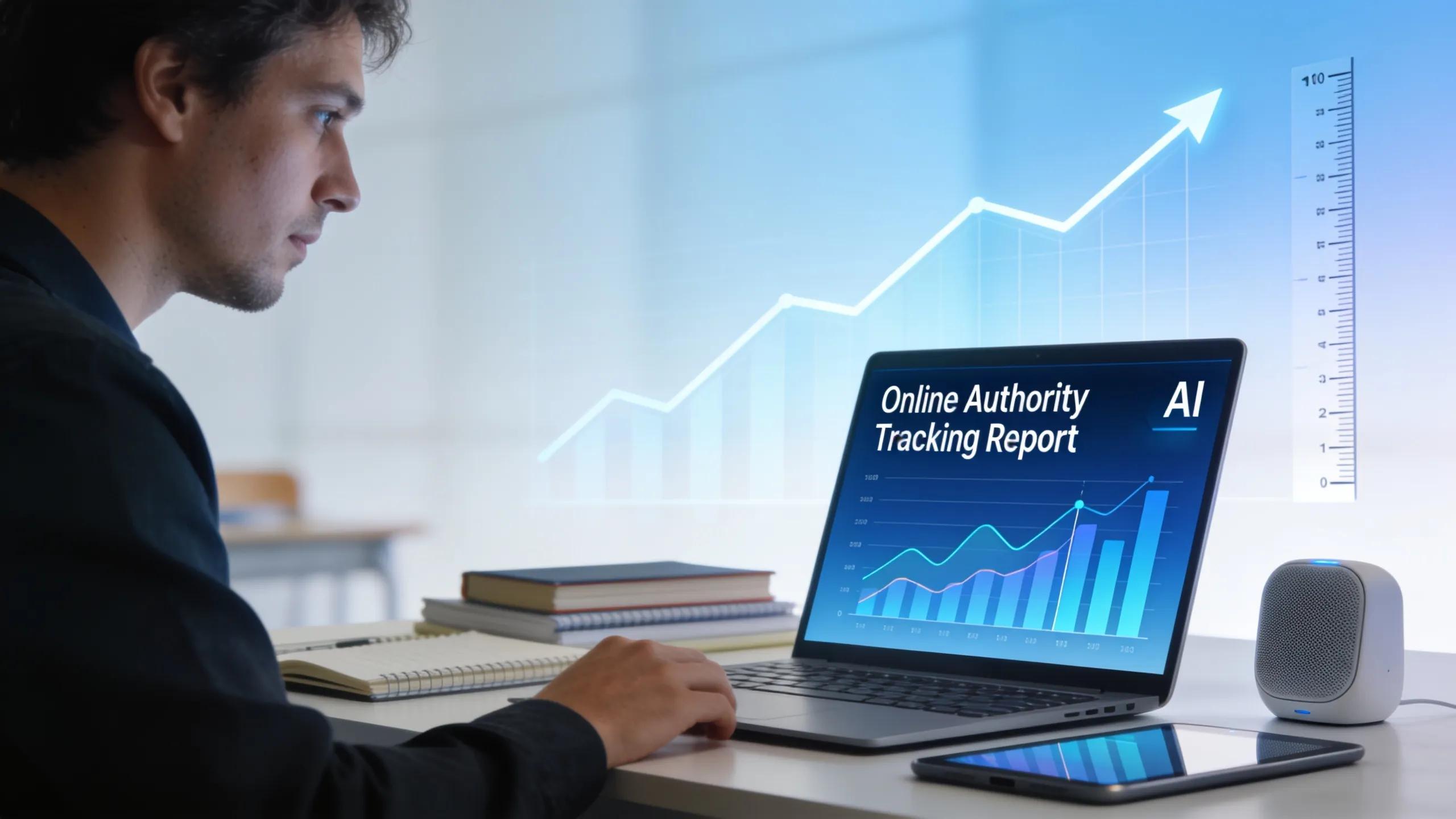 Educator examining data to measure online authority growth with AI tools in a modern office