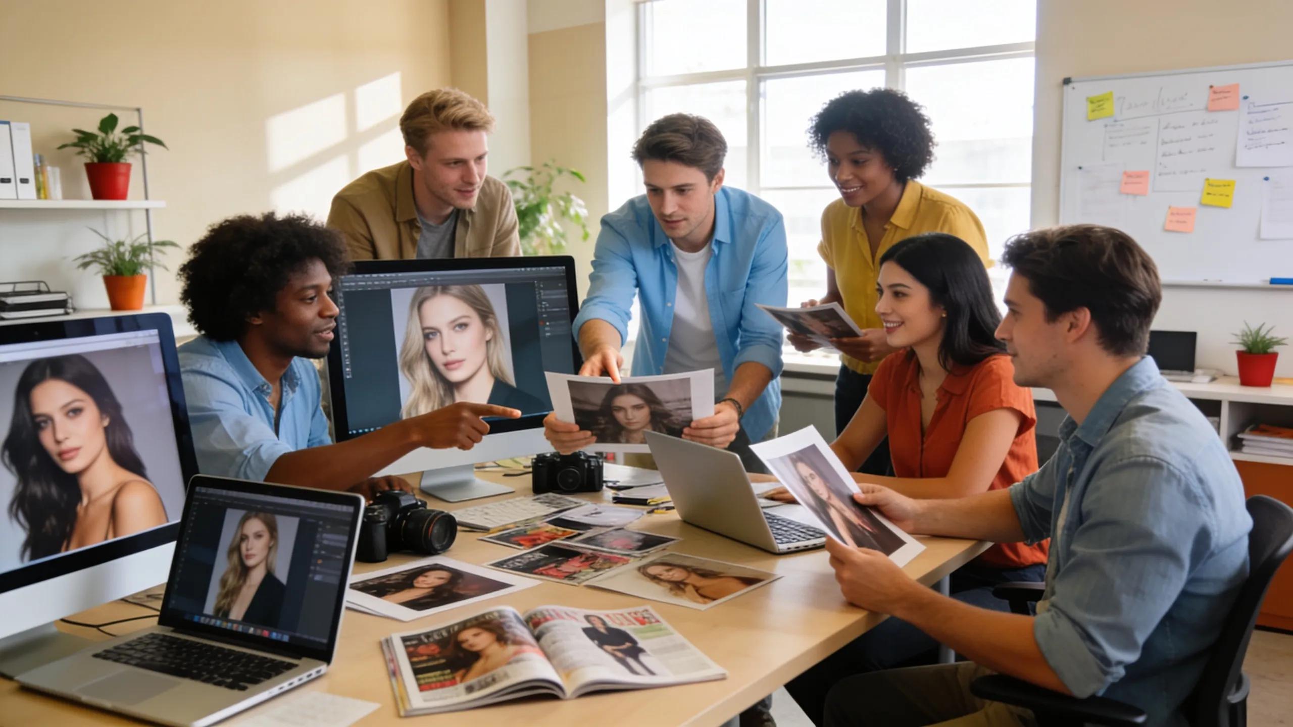 Publishers collaborating on celebrity photo licensing in a modern office