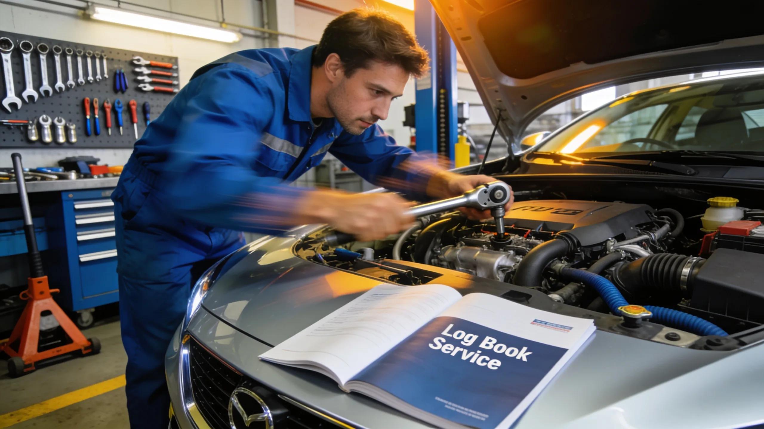 Mechanic servicing a vehicle in Castle Hill workshop, focusing on log book maintenance