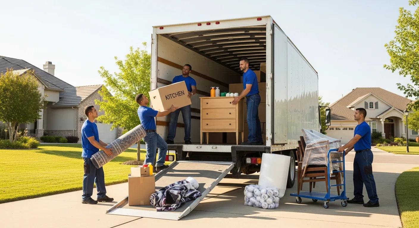 Professional movers packing a truck in a suburban neighborhood, showcasing teamwork and organization
