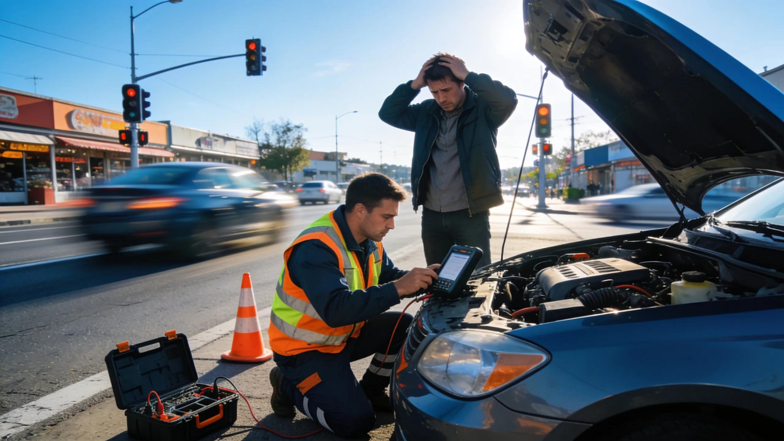 Emergency auto electrician assisting a driver with a roadside vehicle electrical issue