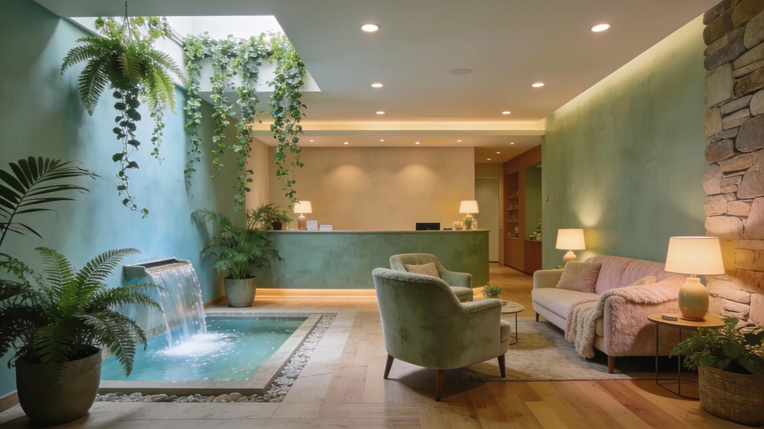 A tranquil wellness spa in Parramatta showcasing calming water features and lush greenery