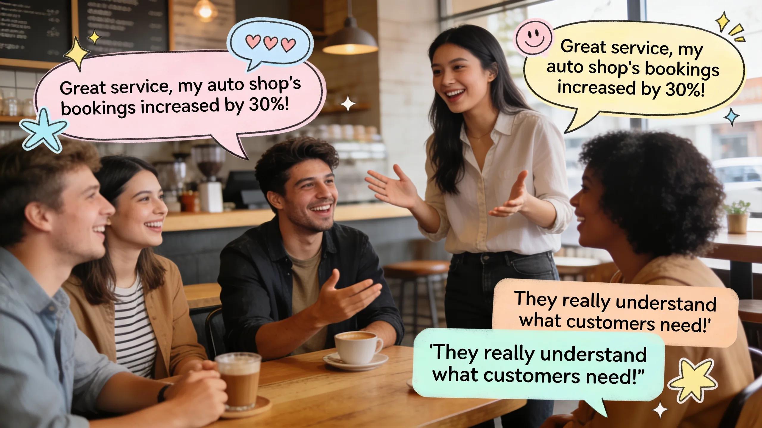 Diverse clients sharing positive testimonials about auto repair marketing agencies in an engaging setting
