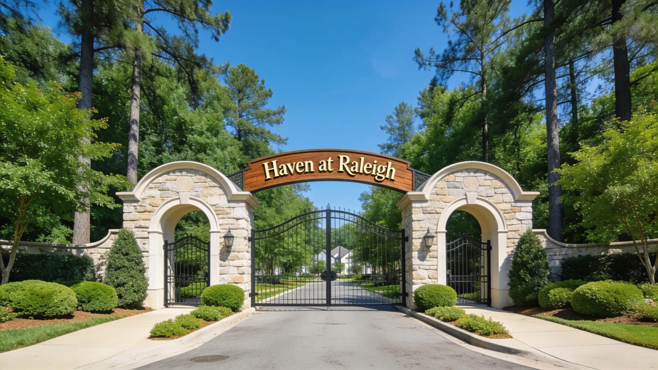 Gated community entrance in Raleigh, NC with lush greenery and elegant gate