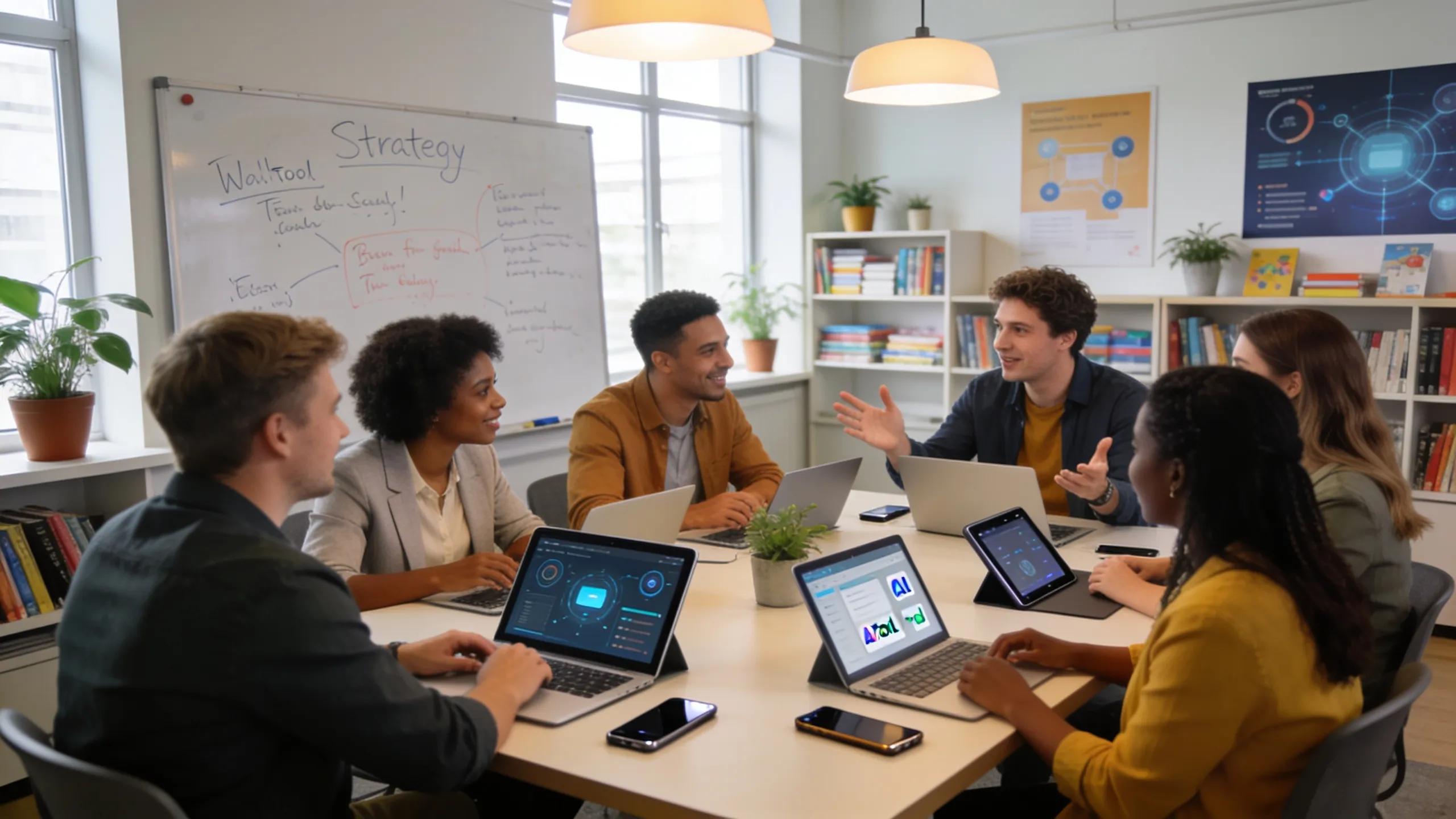 Educators collaborating on AI strategies in a modern office