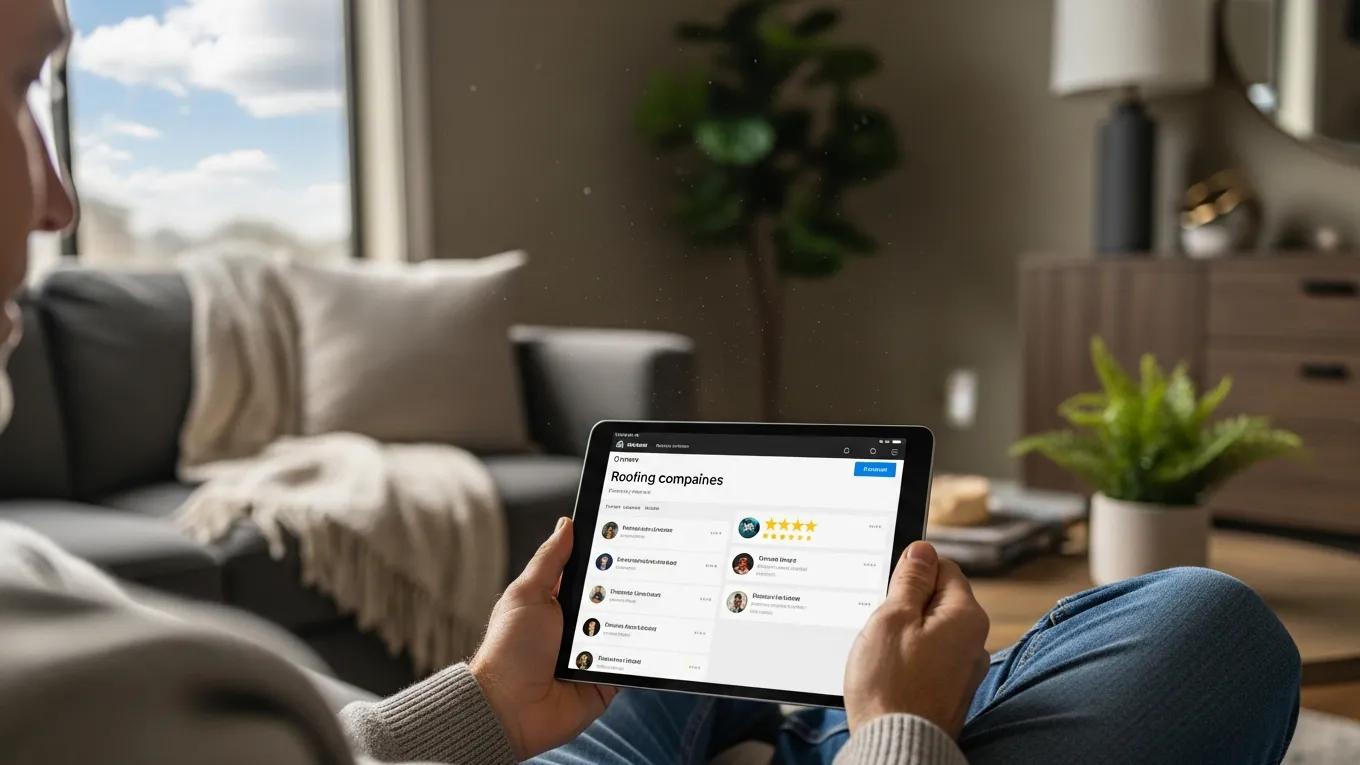 Homeowner reading online reviews for roofing companies on a tablet