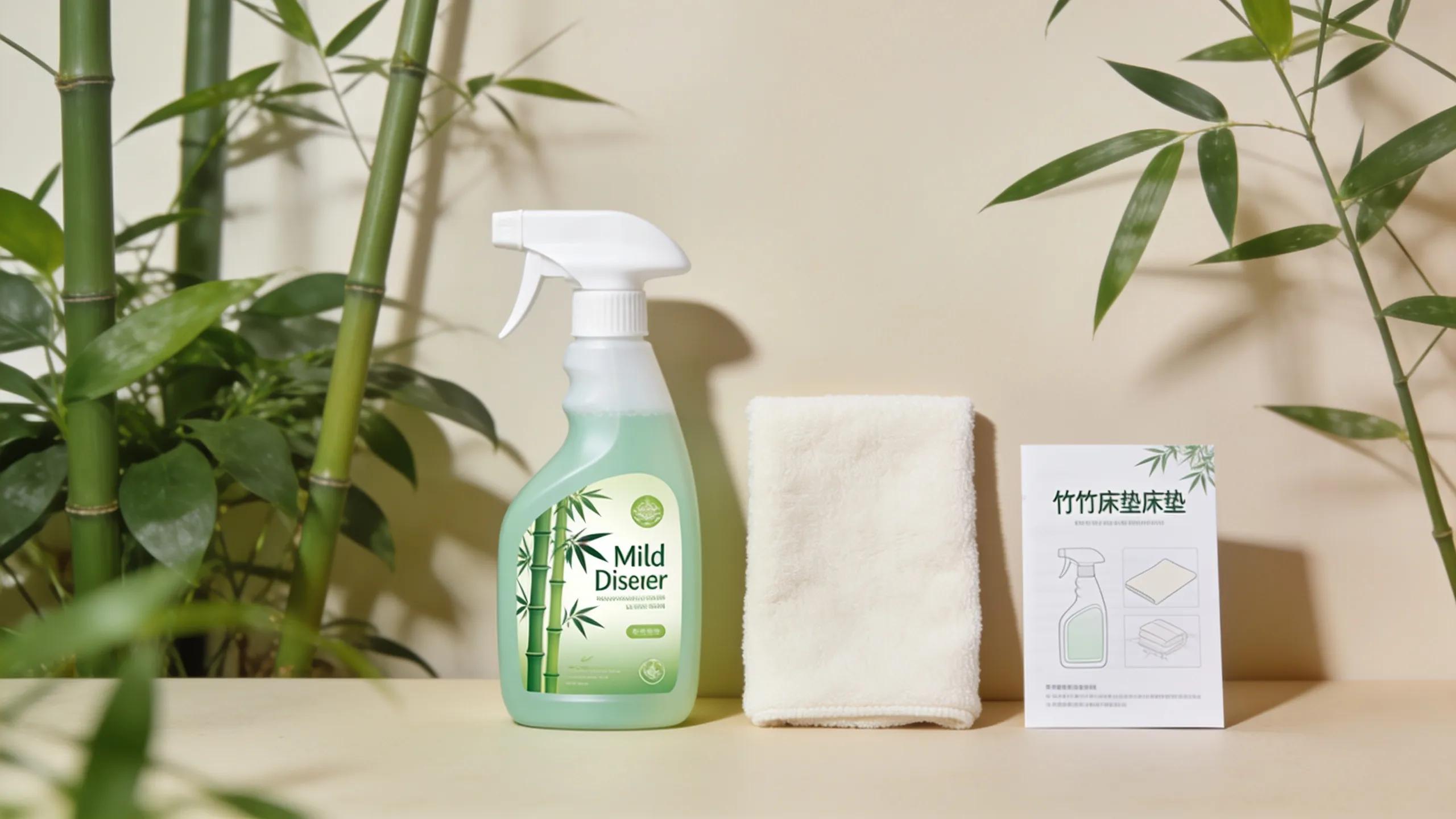 Flat lay of bamboo mattress topper care items promoting easy maintenance and eco-friendliness