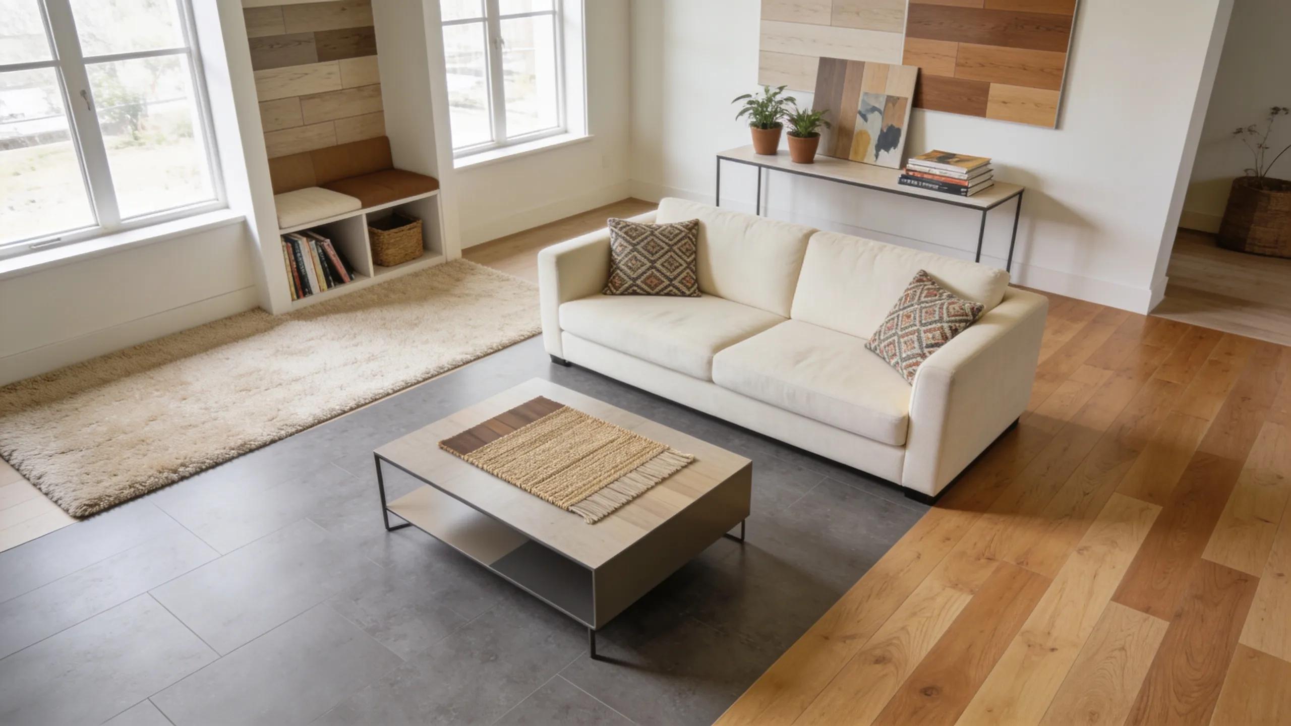 Flooring options and interior design showcasing carpet, wood, and vinyl flooring selections.