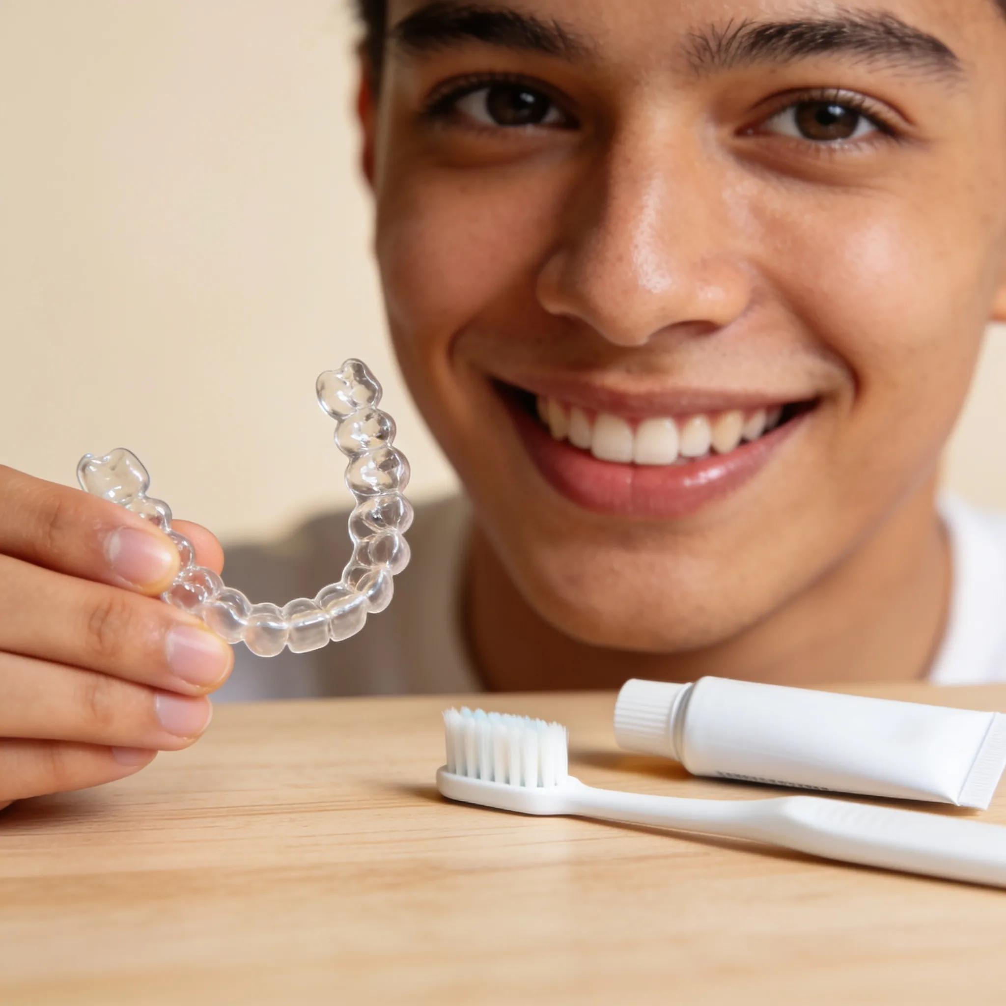 Close-up of a smiling young adult holding clear Invisalign aligners, highlighting their aesthetic appeal and benefits