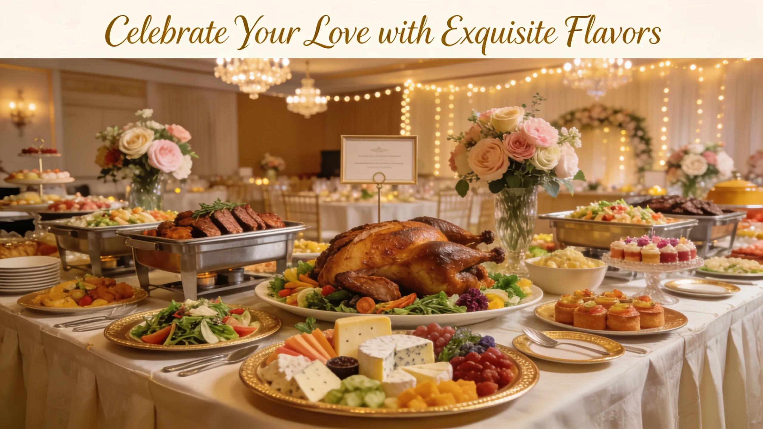 Elegant wedding catering buffet setup with colorful dishes and decorations