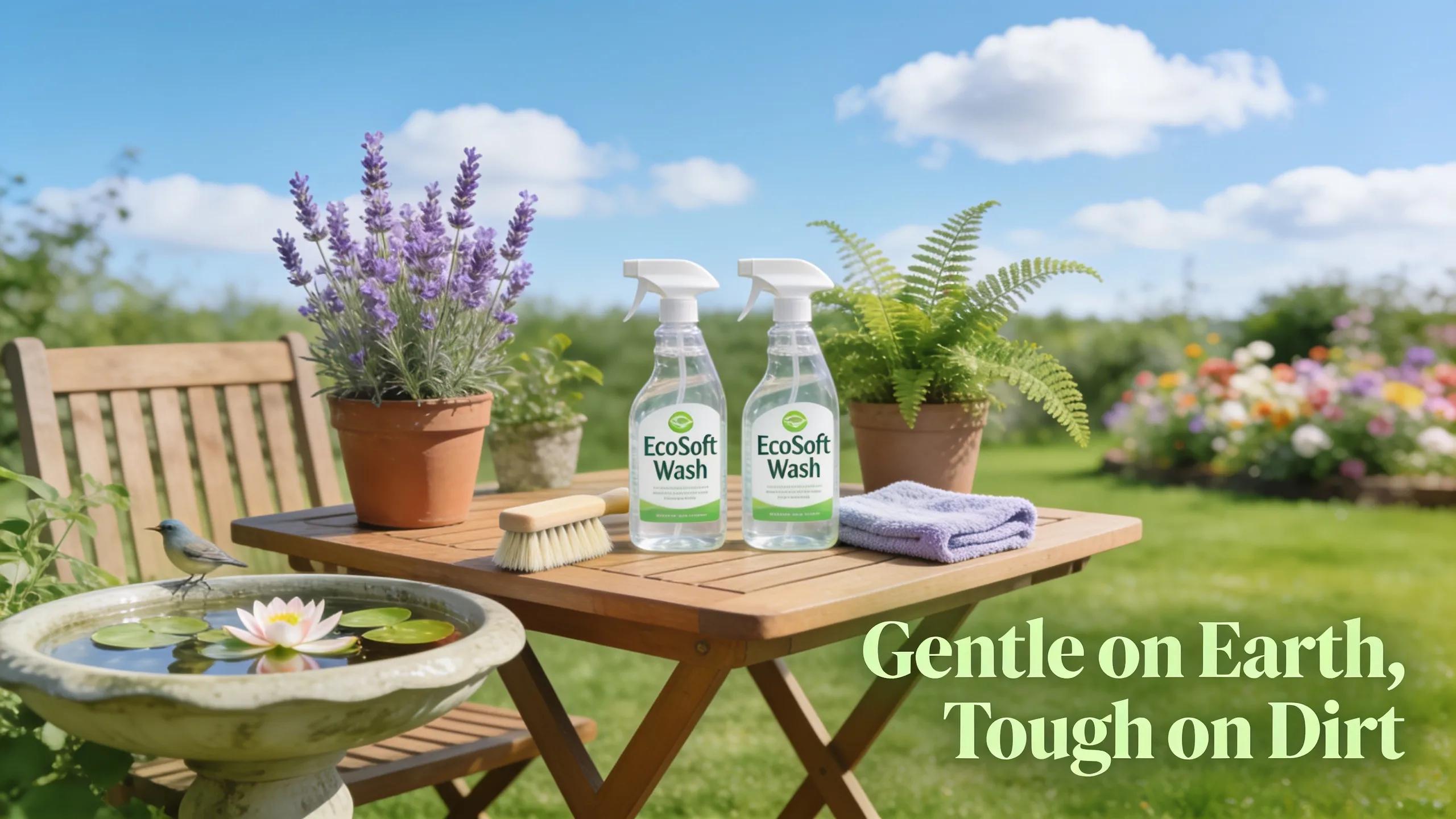 Eco-friendly cleaning solutions used in soft washing with plants in the background