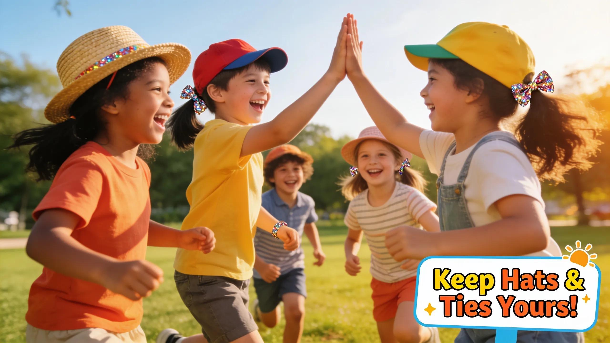 Children playing outdoors with hats and hair ties, focusing on prevention strategies against head lice