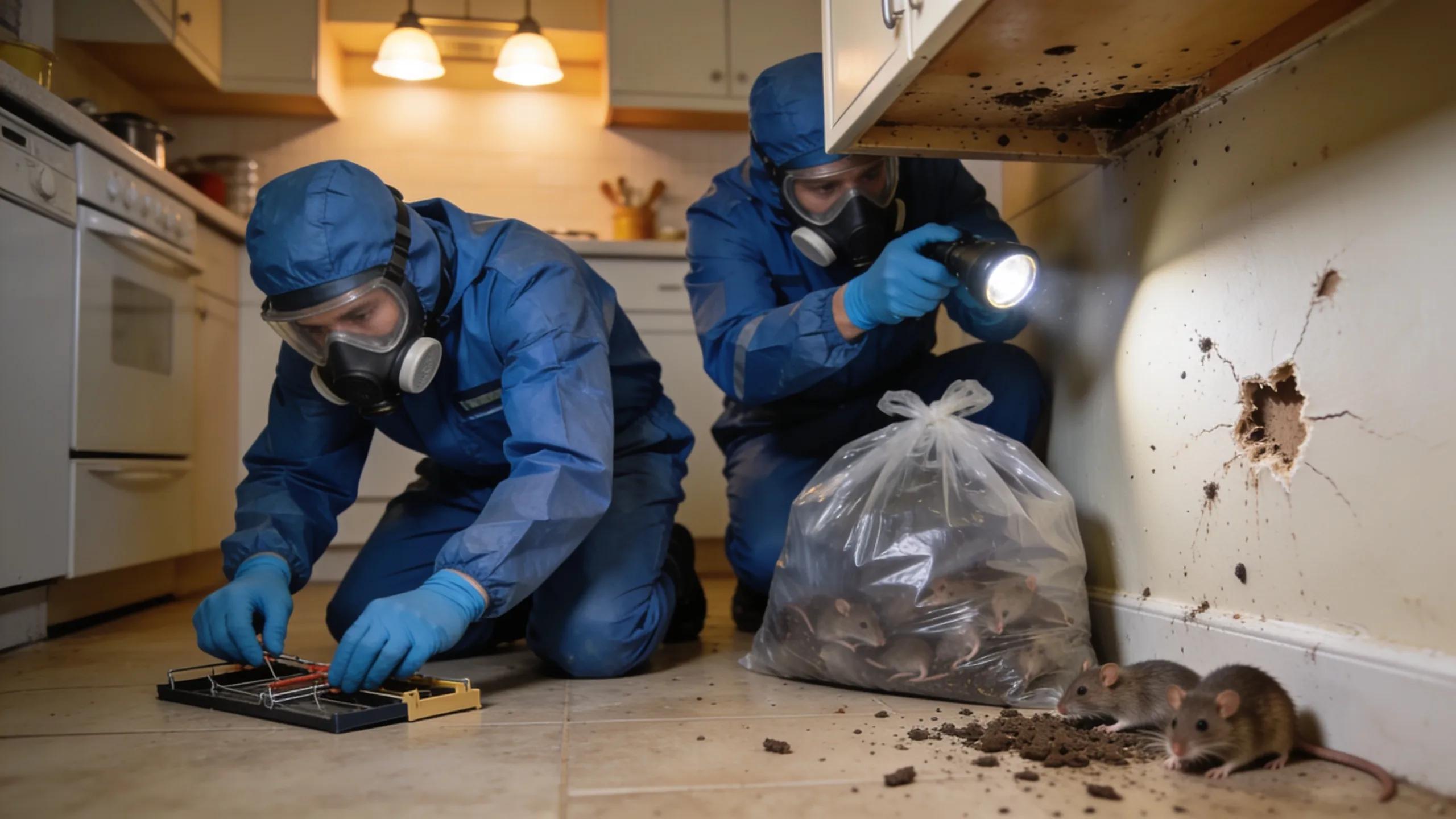 Pest control team performing emergency rodent removal in a residential setting