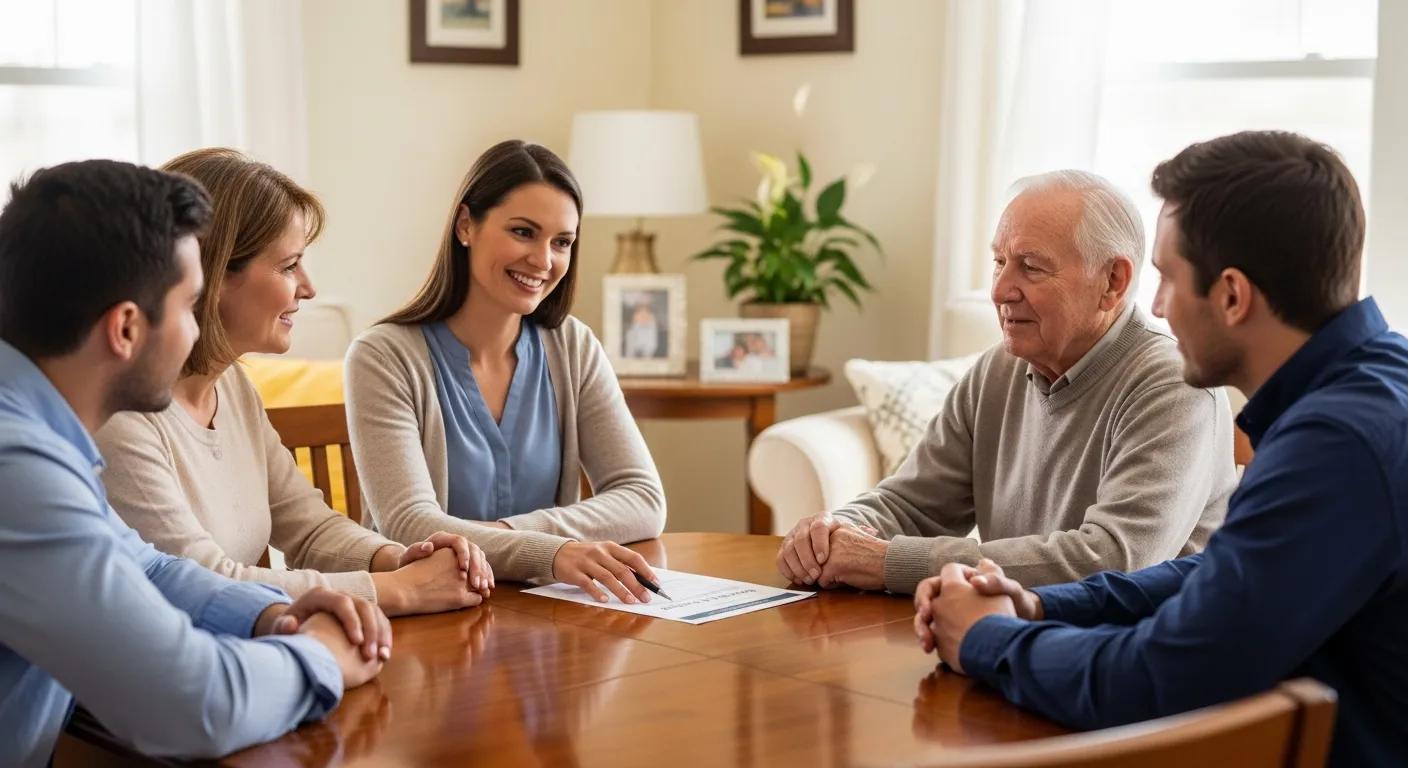 Caregiver and multiple family members discussing senior care plan together at home with a calm, collaborative atmosphere