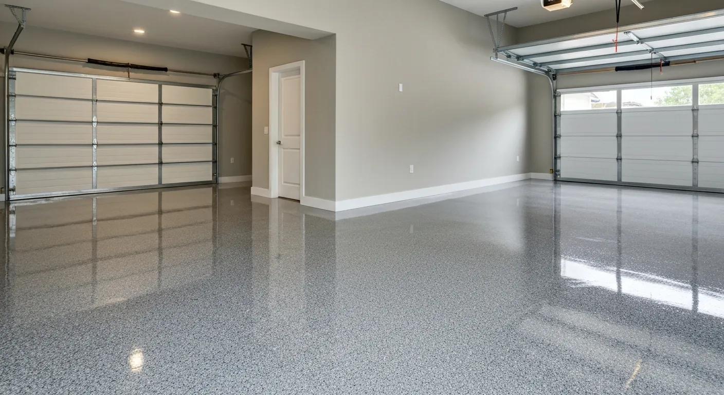 Glossy epoxy floor in a modern garage with decorative flakes, showcasing durability and aesthetic appeal