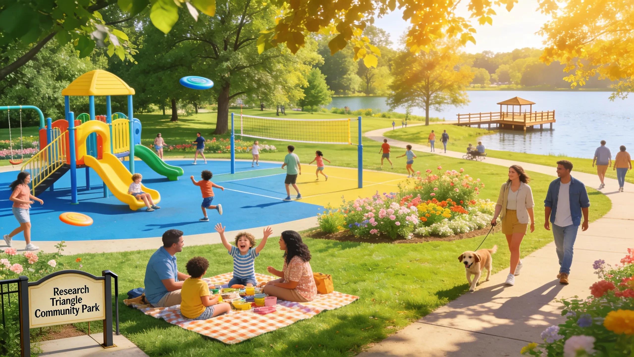 Families enjoying outdoor activities in a park, highlighting the lifestyle advantages of the Research Triangle.