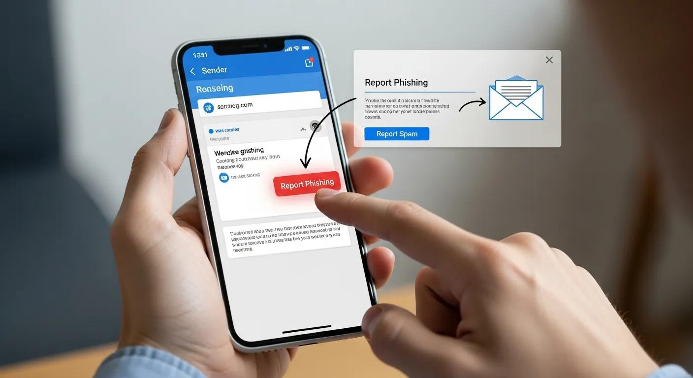 Person reporting a phishing email on a smartphone, showing how to report suspicious messages