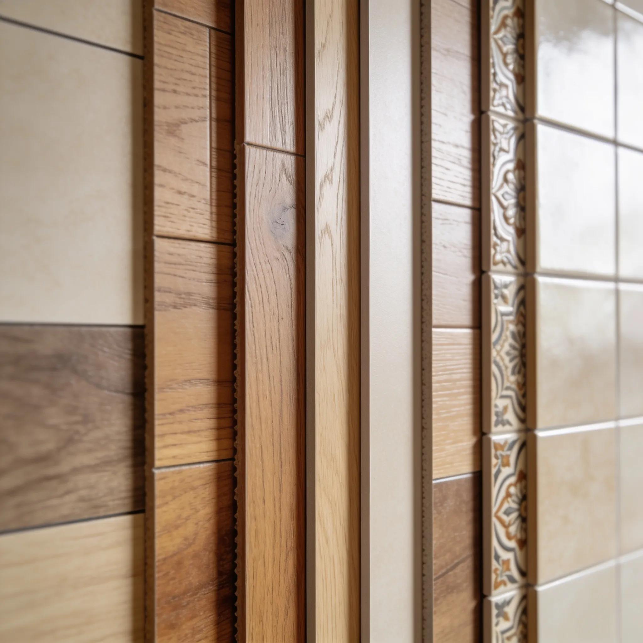 Different flooring materials displayed together including hardwood, laminate, vinyl, and tiles emphasizing their unique characteristics