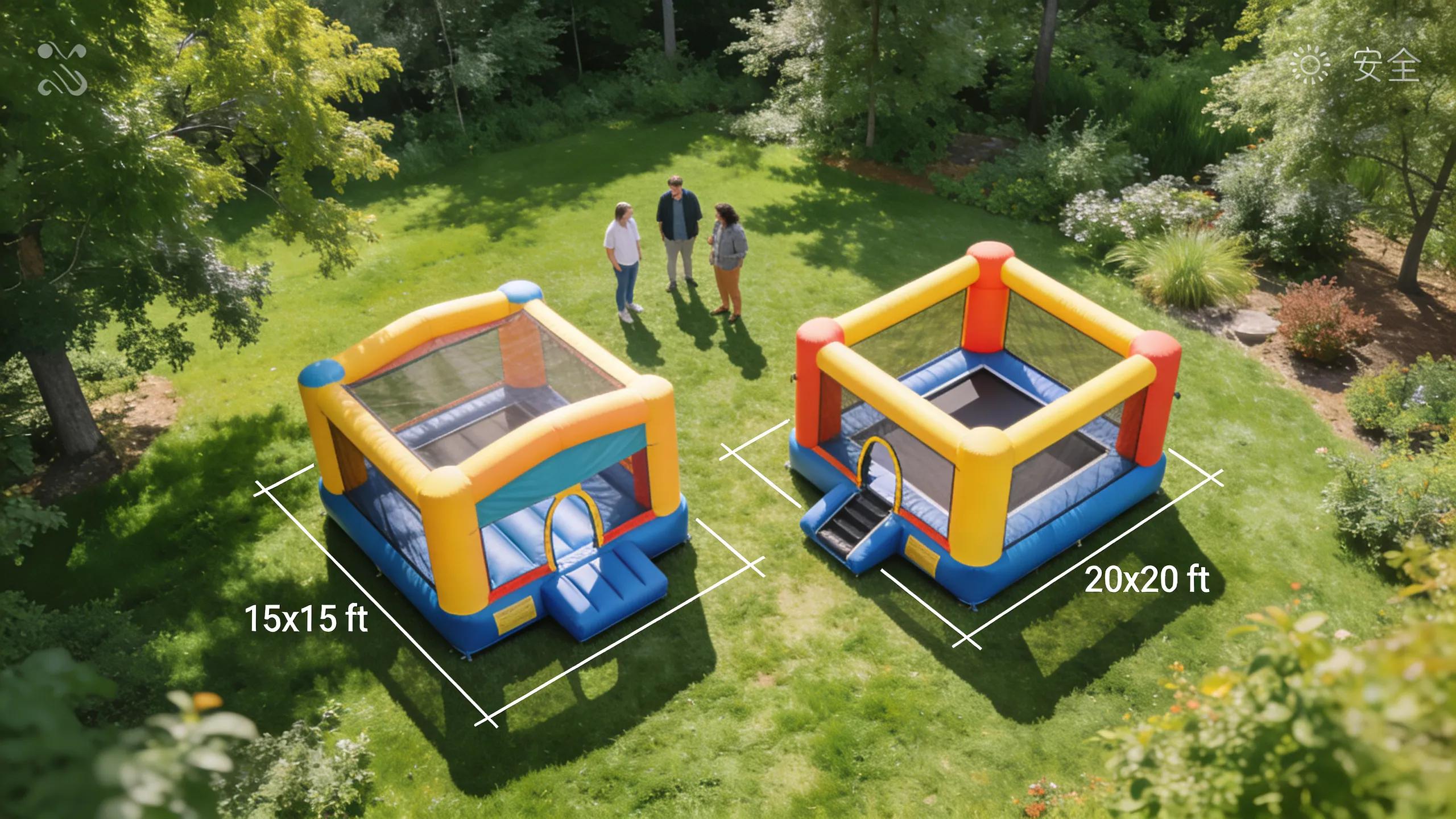 Aerial view of a backyard layout with bounce houses of various dimensions showing proper planning and space for safety