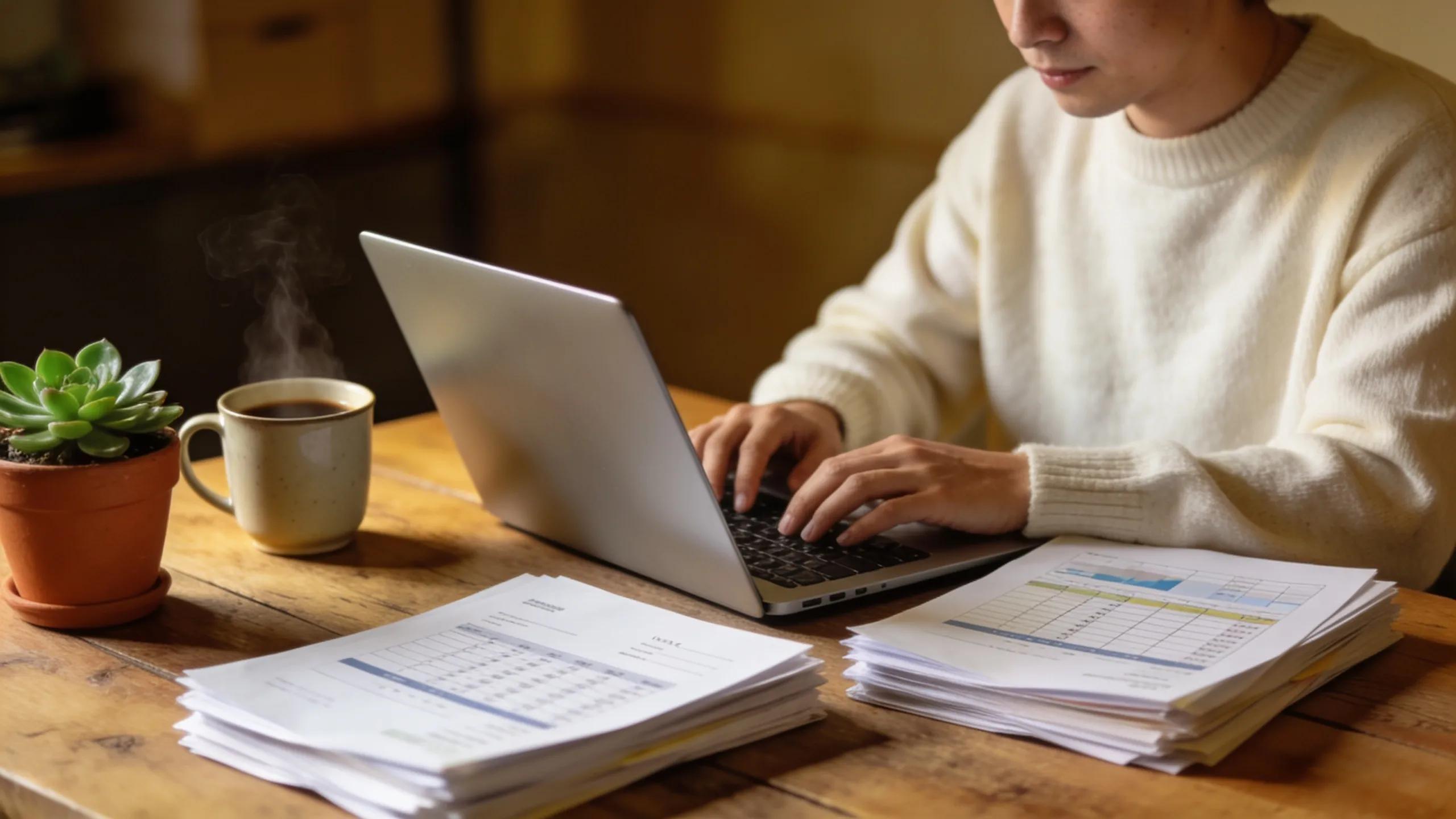 Small business owner at desk managing finances with documents and laptop, portraying effective cash flow management