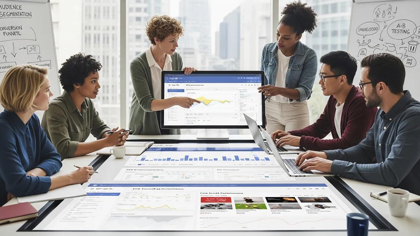 Diverse professionals collaborating on digital marketing strategies, emphasizing PPC and paid social advertising