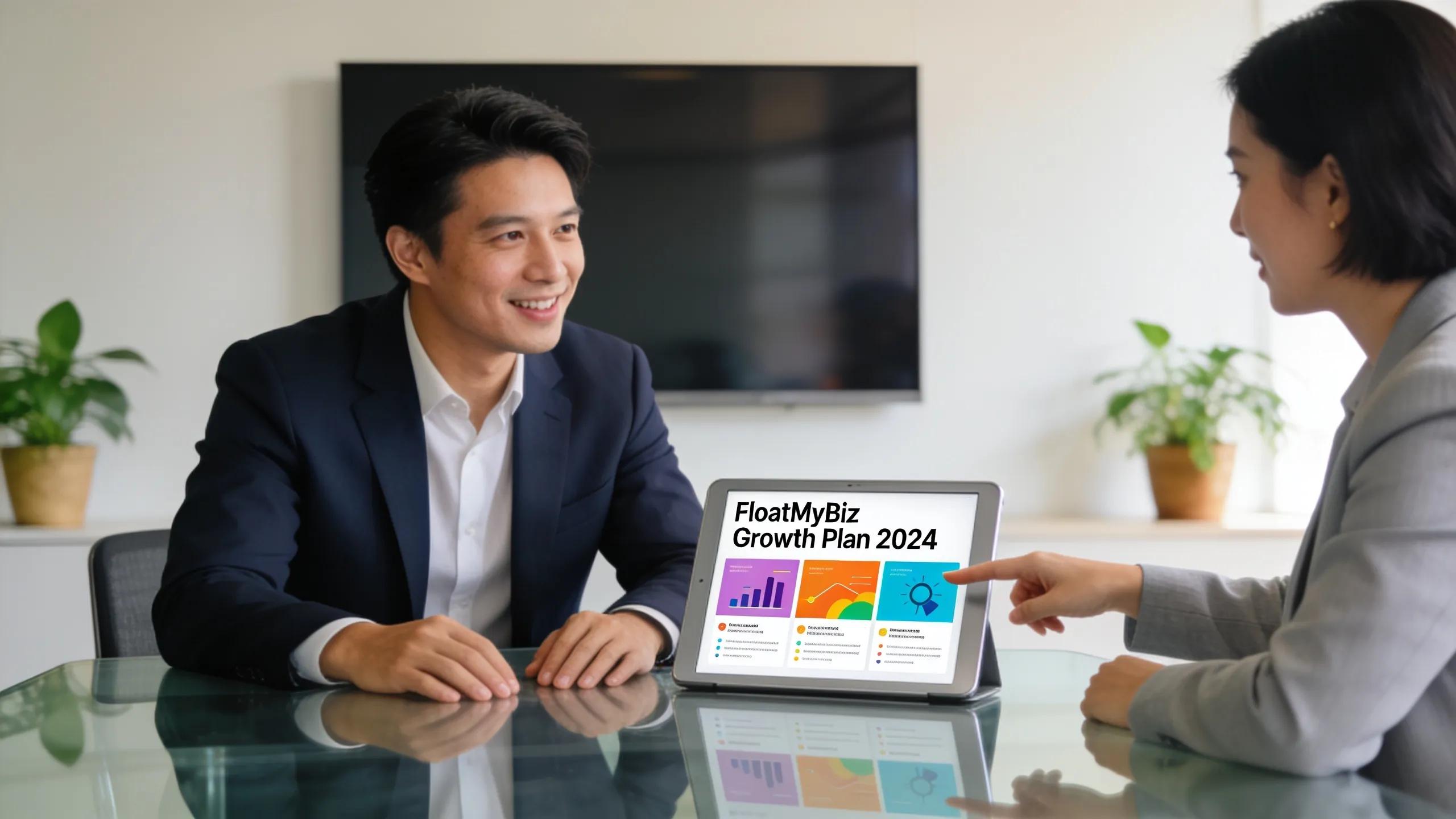 Business owner engaging with a FloatMyBiz consultant in a modern conference room, highlighting the importance of expert partnership for growth