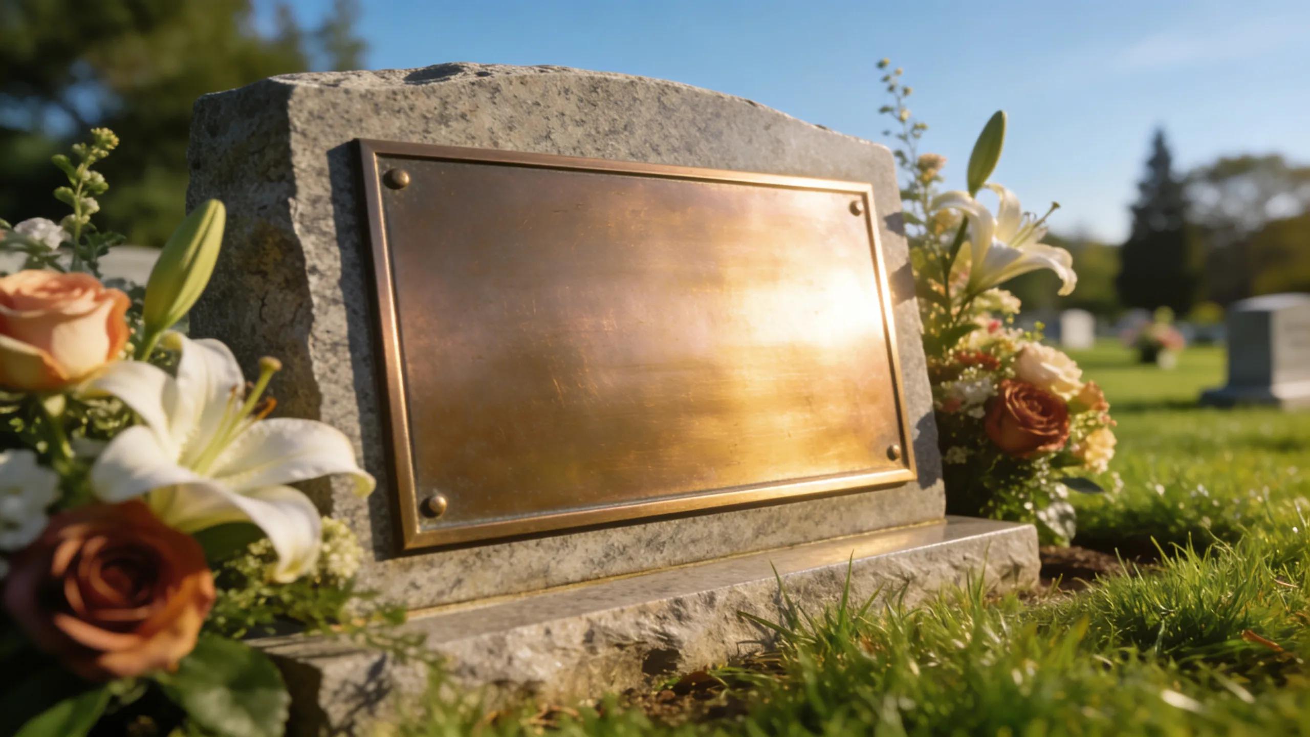 Flat bronze cemetery plaque installed on a gravestone amidst a serene cemetery landscape
