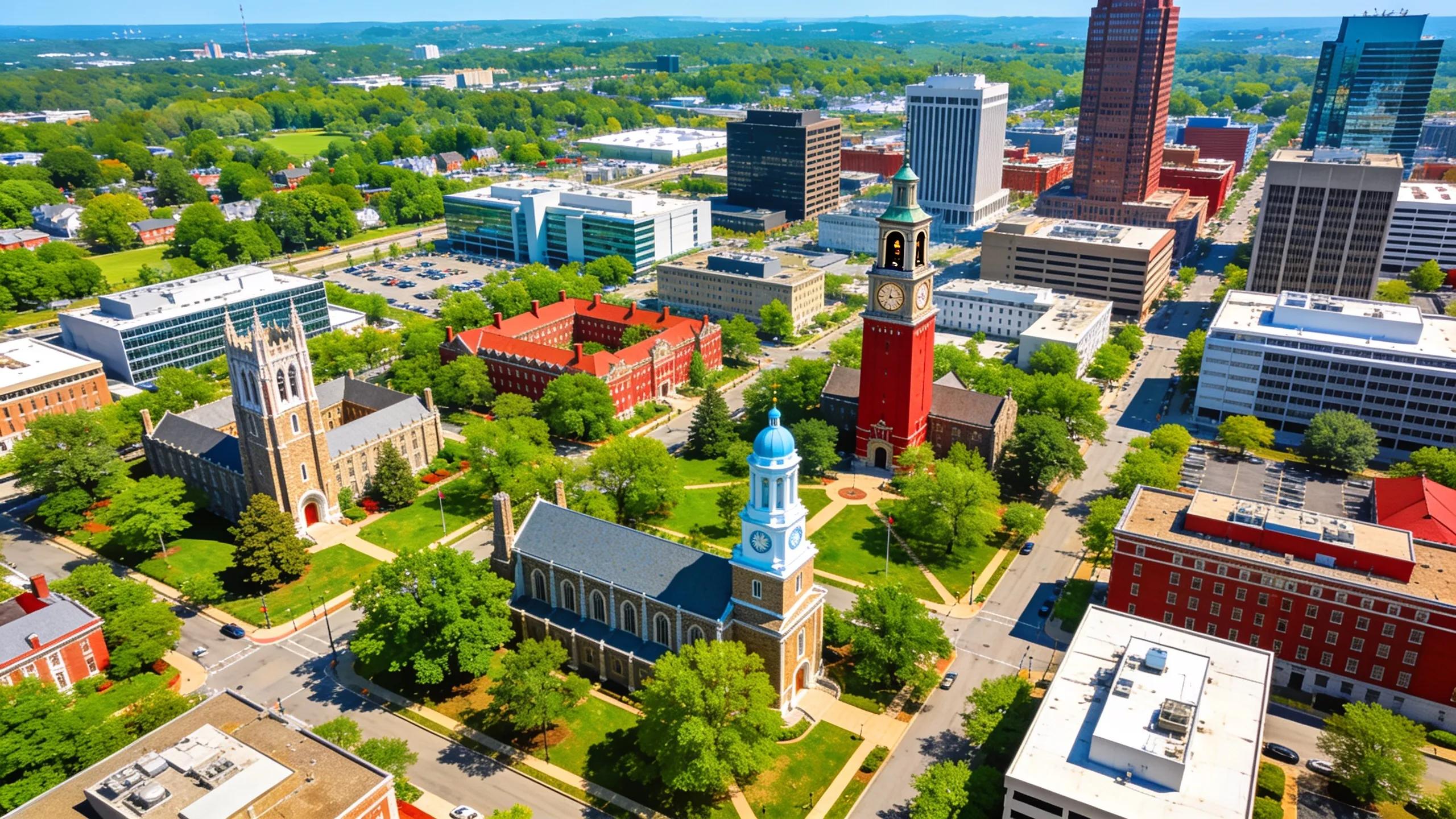 Aerial view of the Research Triangle, highlighting Raleigh, Durham, and Chapel Hill's urban and educational landmarks.