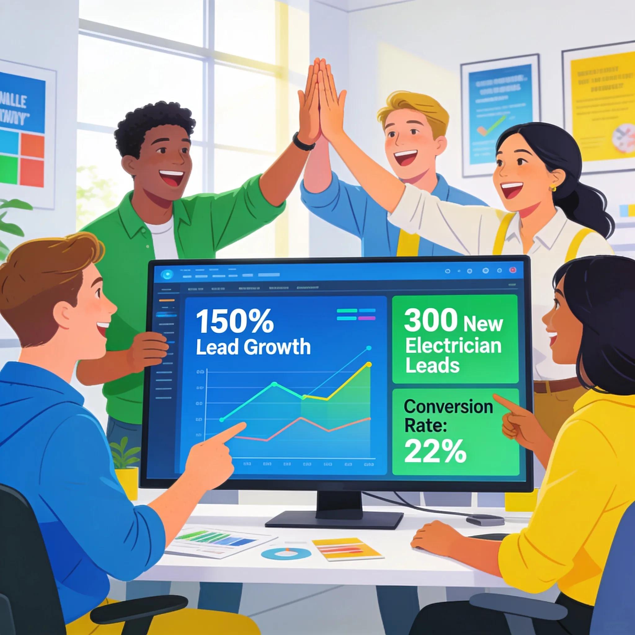 Marketing team analyzing successful campaign metrics in an energetic and collaborative workspace