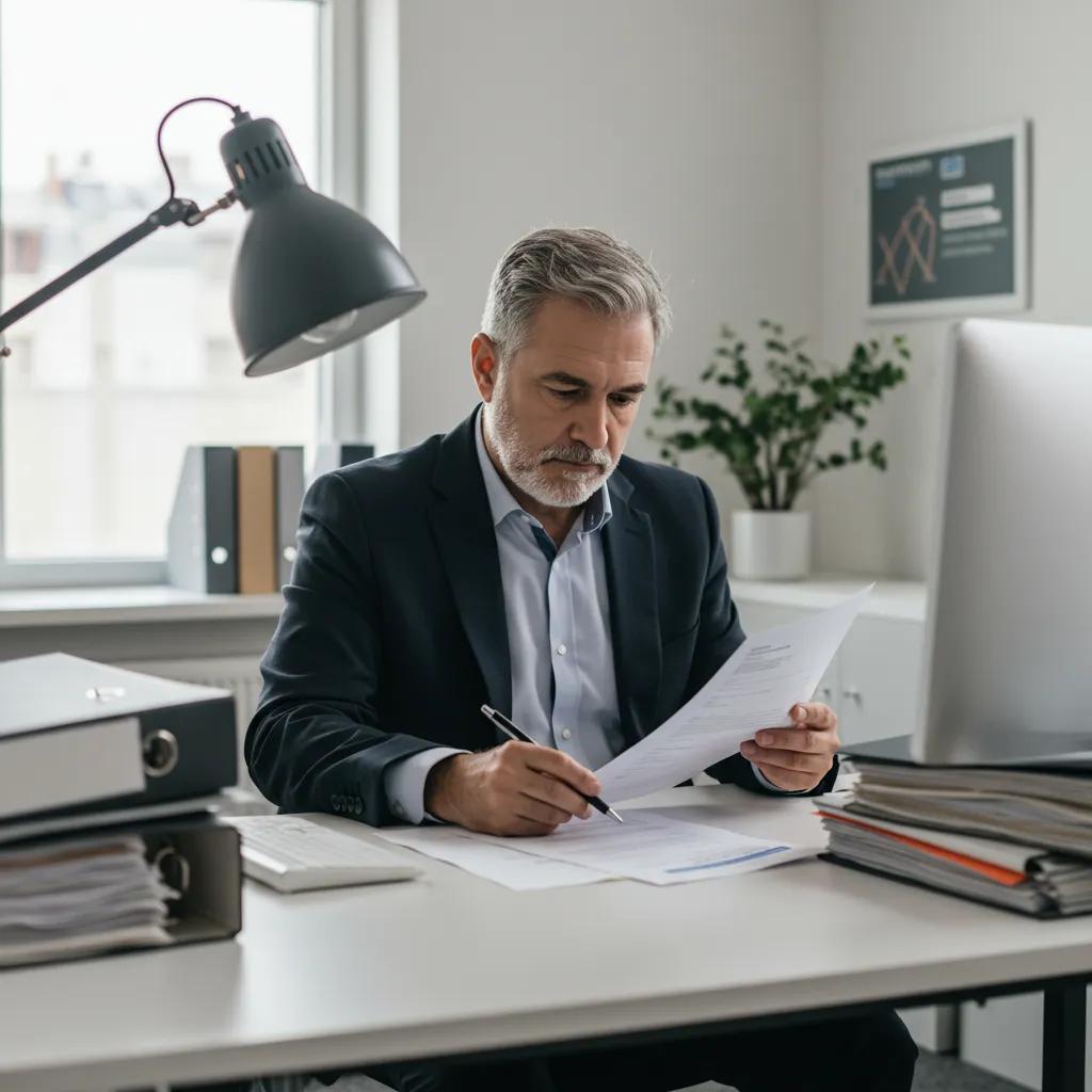A Bluemoon investigator conducting thorough background checks in an office, illustrating our meticulous verification and due diligence process.