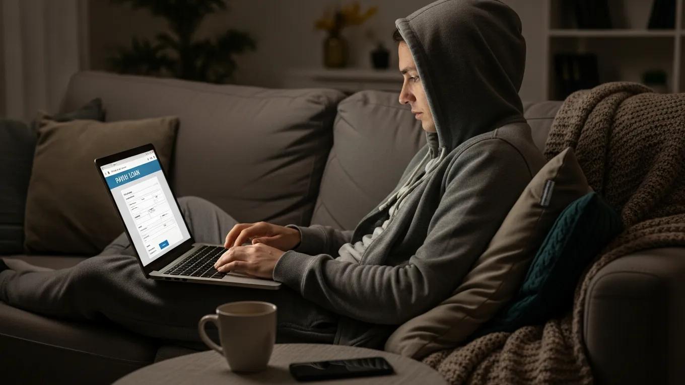 Person in a hoodie using a laptop to fill out an online payday loan application, with a coffee cup nearby, set in a cozy living room environment.