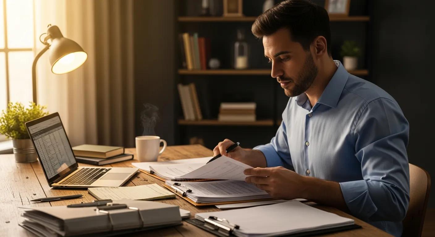 Financial professional analyzing foreclosure documents in a cozy workspace Financial professional analyzing foreclosure documents in a cozy workspace
