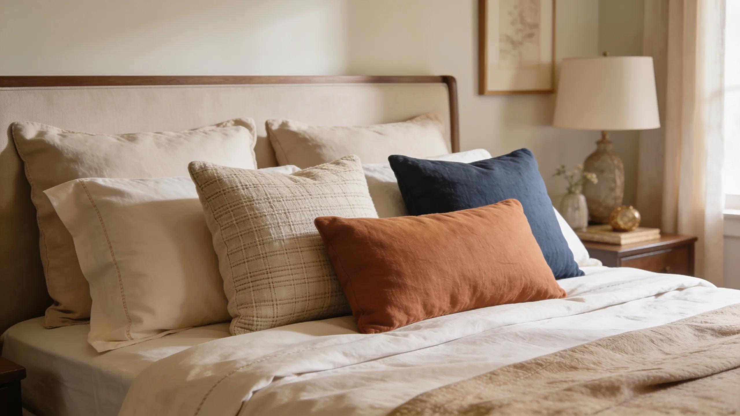 Stylishly arranged linen lumbar pillows on a queen bed showcasing effective styling and pairing with sheet sets