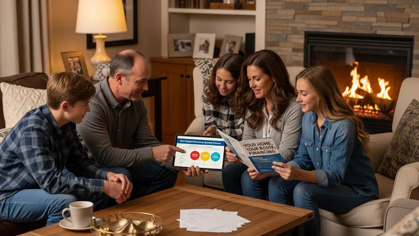 Family discussing roof repair financing options in a cozy living room, highlighting available plans for homeowners