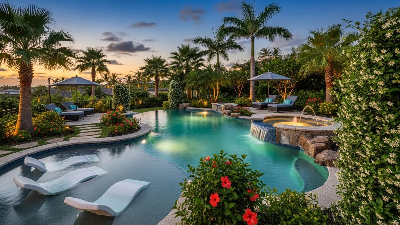 Custom pool design with lush landscaping and lounge chairs