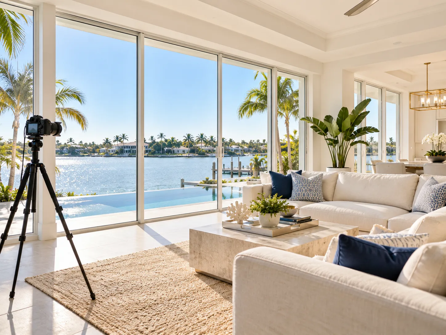 Bright living room facing the water with a camera tripod set up for listing photography