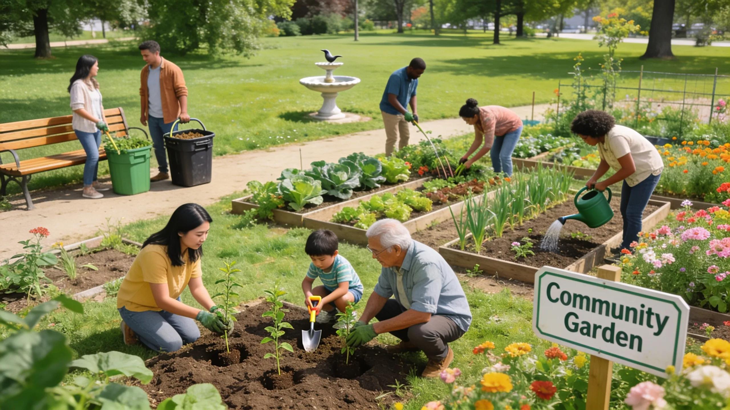 Community members engaging in sustainability activities in a park, highlighting local initiatives