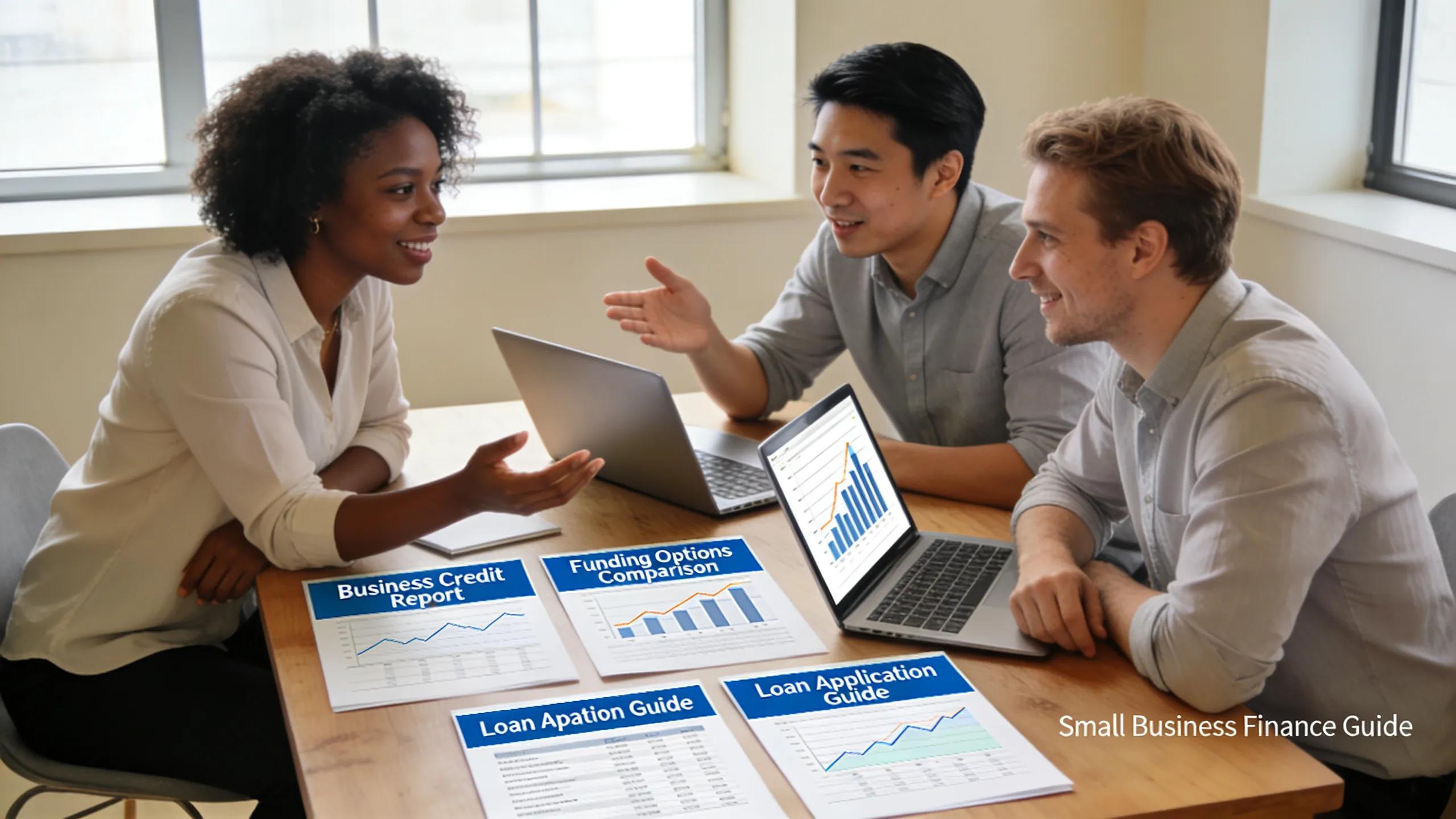 Small business owners discussing financing strategies in a modern office
