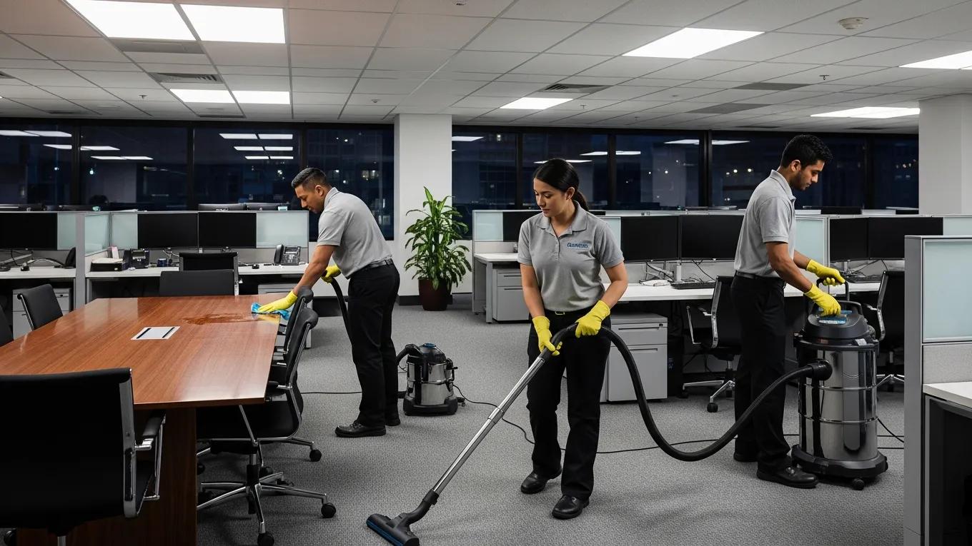 Janitorial team cleaning an office space for a professional environment