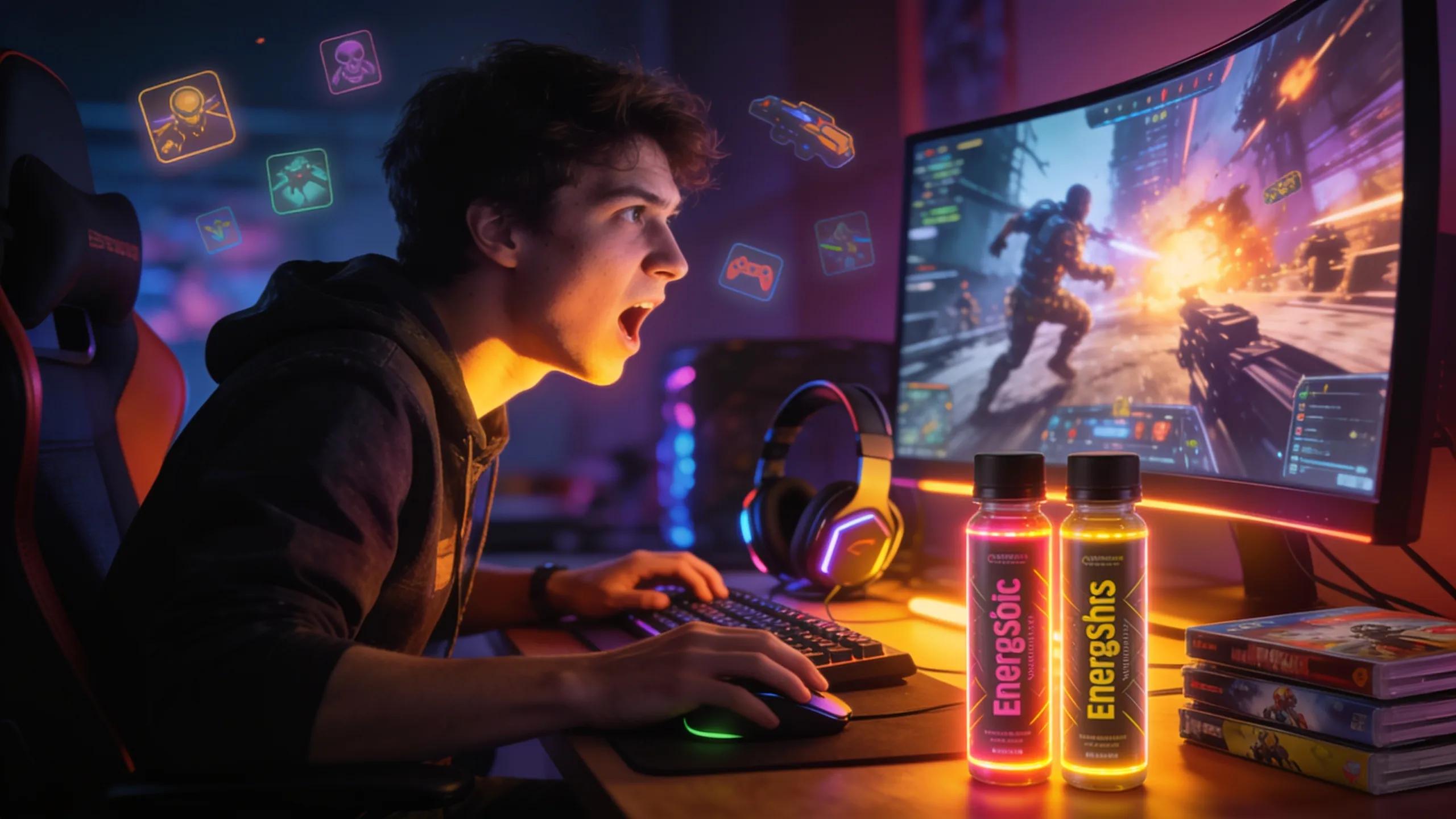 Gamer immersed in gameplay with nootropic energy shots nearby for enhanced focus